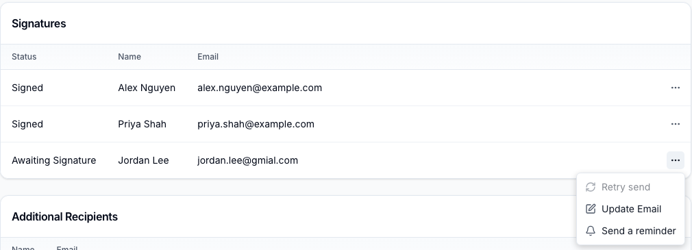 The three-dot menu on an Awaiting Signature row with Retry send greyed out, and Update Email and Send a reminder available
