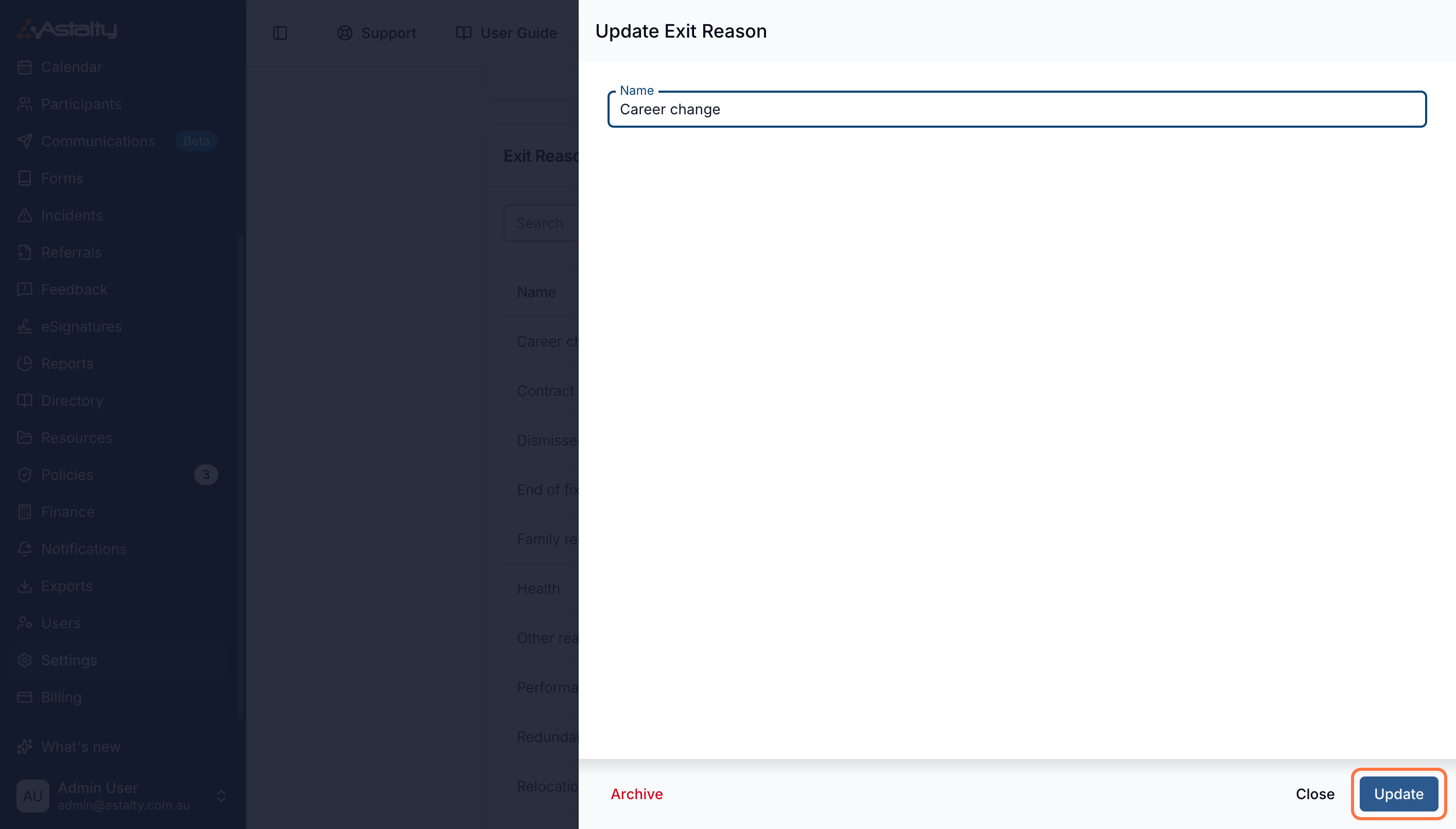 The Update Exit Reason drawer with a Name field and an Archive button in the bottom left