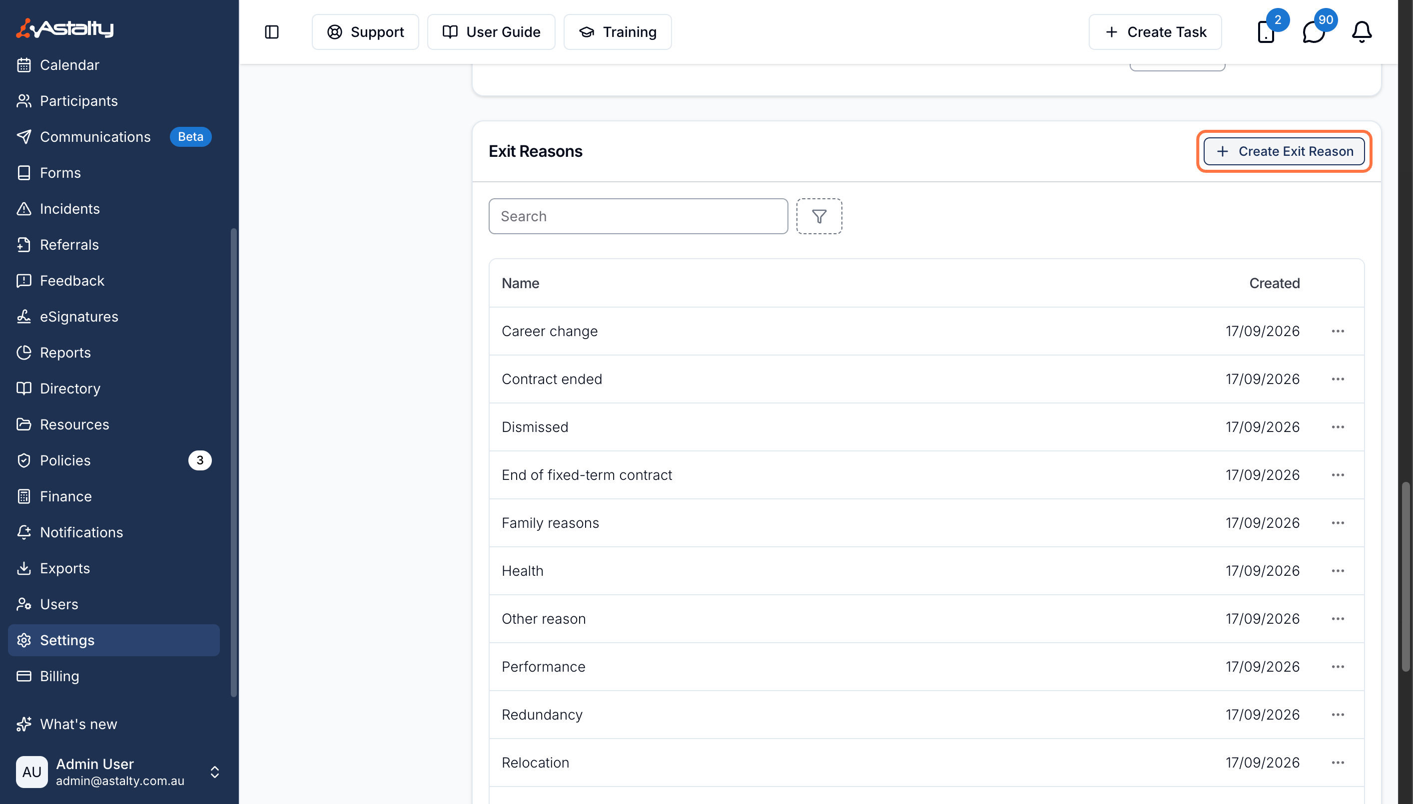 The Exit Reasons card on Settings → Users, listing reasons by Name and Created with a Create Exit Reason button