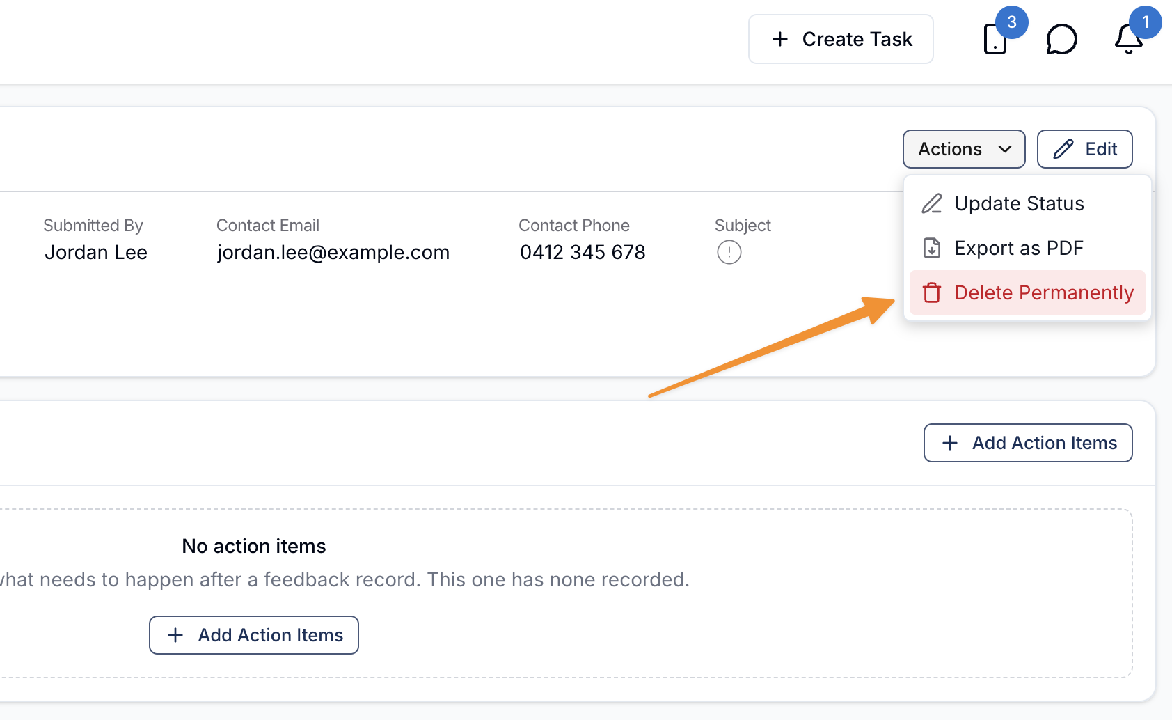 The feedback entry Actions menu, with Delete Permanently highlighted
