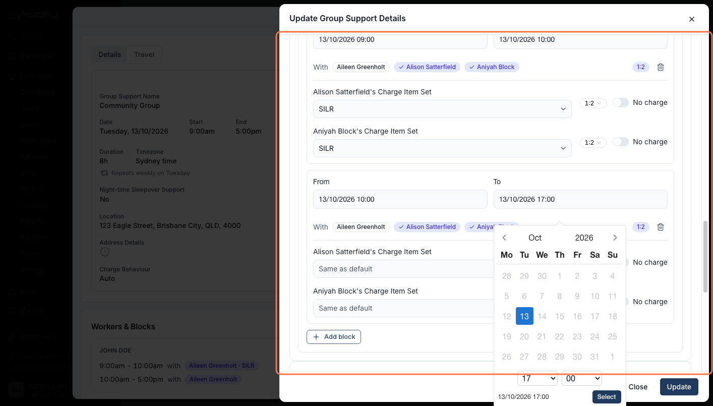The Update Group Support Details window with a block's To time field open on a date picker, and a second block below showing Same as default Charge Item Sets ready to be set.