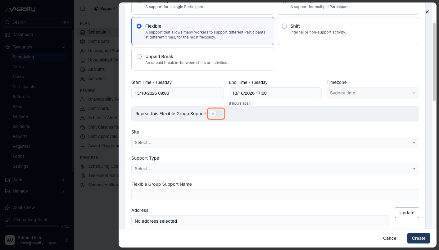 The Add Shift event type picker with Flexible selected, described as a support that allows many workers to support different Participants at different times, for the most flexibility.