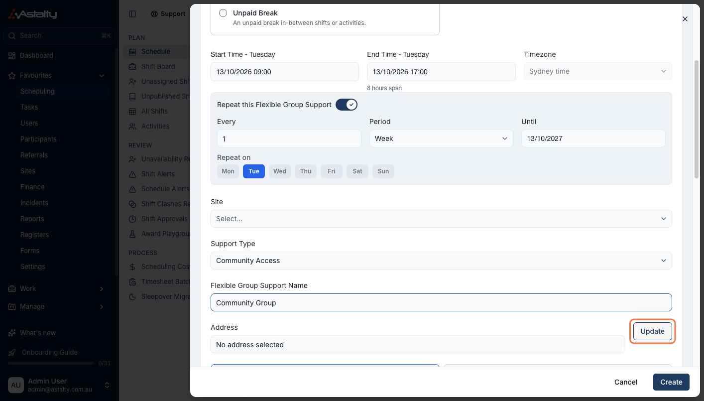 The Flexible Group Support form with Support Type set to Community Access, a Flexible Group Support Name of Community Group entered, and an Update button next to the Address field.