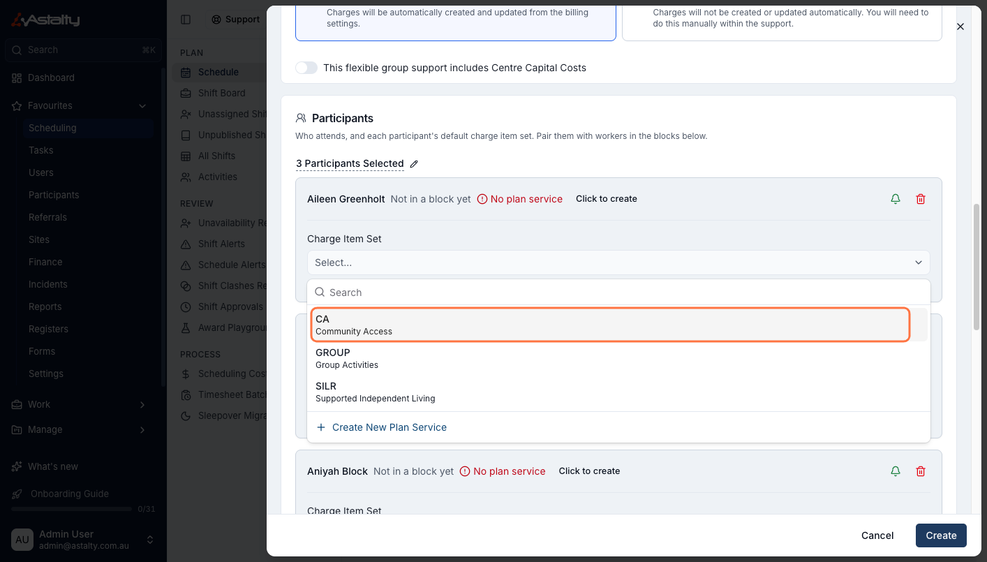 A selected Participant's Charge Item Set dropdown open, offering CA Community Access, GROUP Group Activities and SILR Supported Independent Living, plus Create New Plan Service.