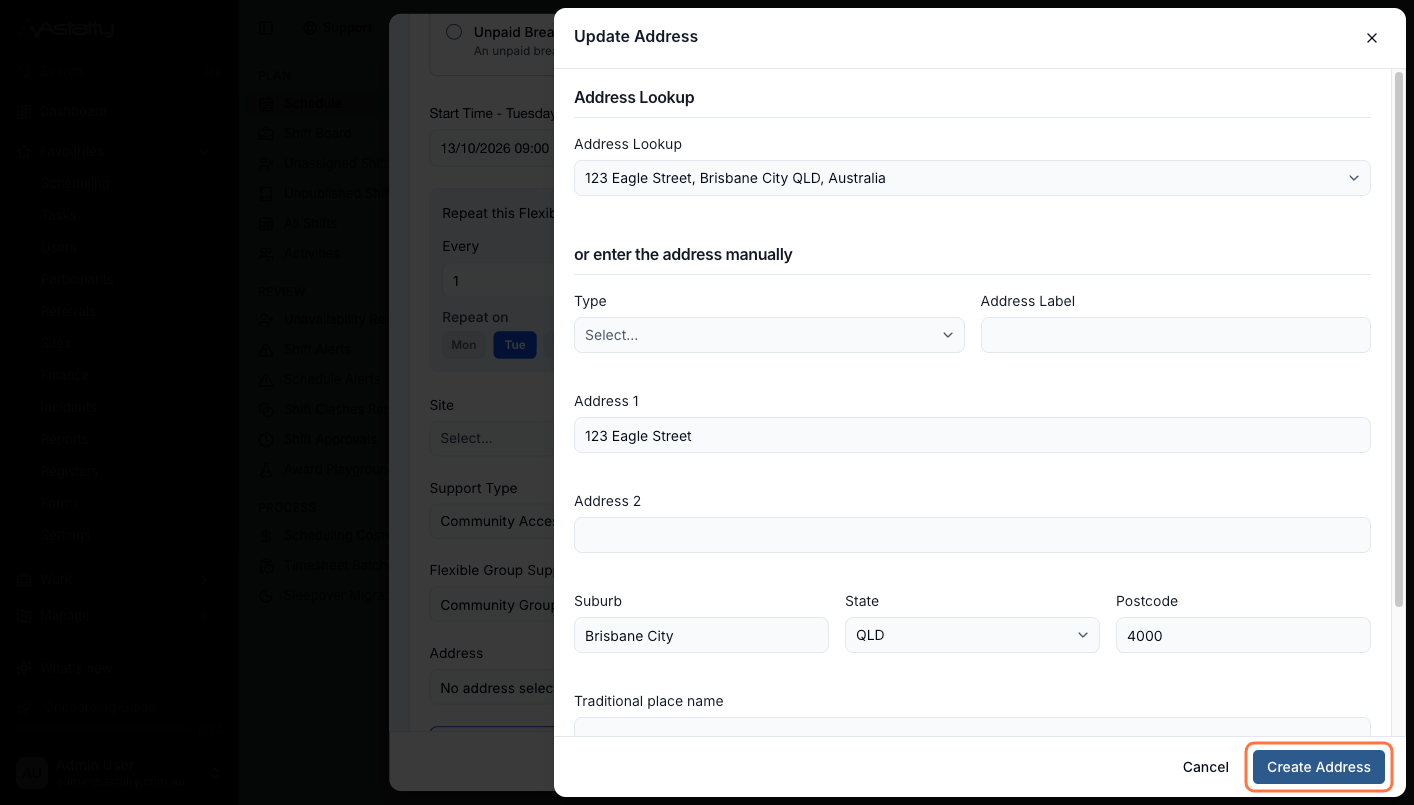 The Update Address window with an Address Lookup search returning matching streets, and a manual entry section below for Type, Address Label, Address 1, Address 2, Suburb, State and Postcode.
