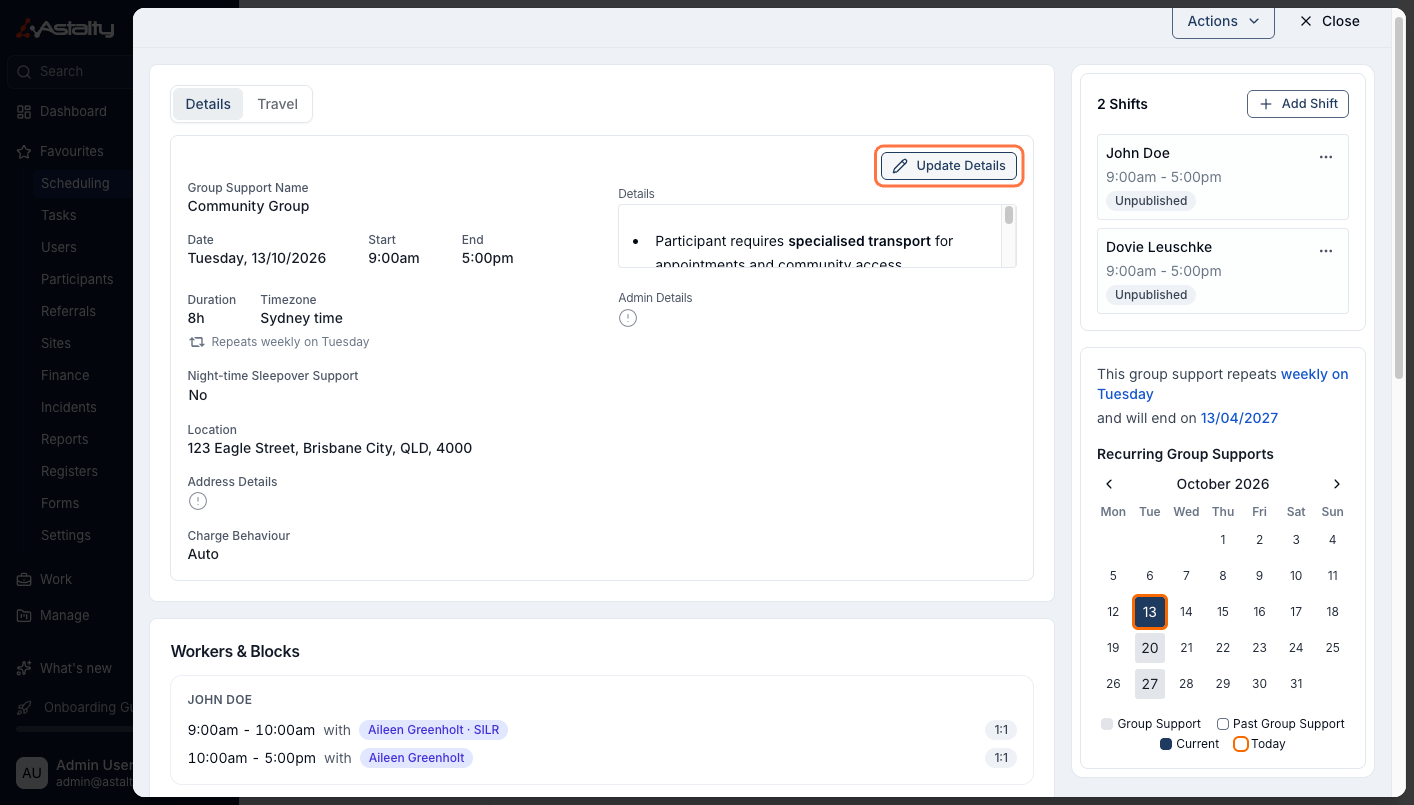 A Flexible Group Support's Details tab showing Community Group, its date, time, location and Charge Behaviour of Auto, and a Workers & Blocks panel listing John Doe's two blocks with Aileen Greenholt, the second overridden to SILR.