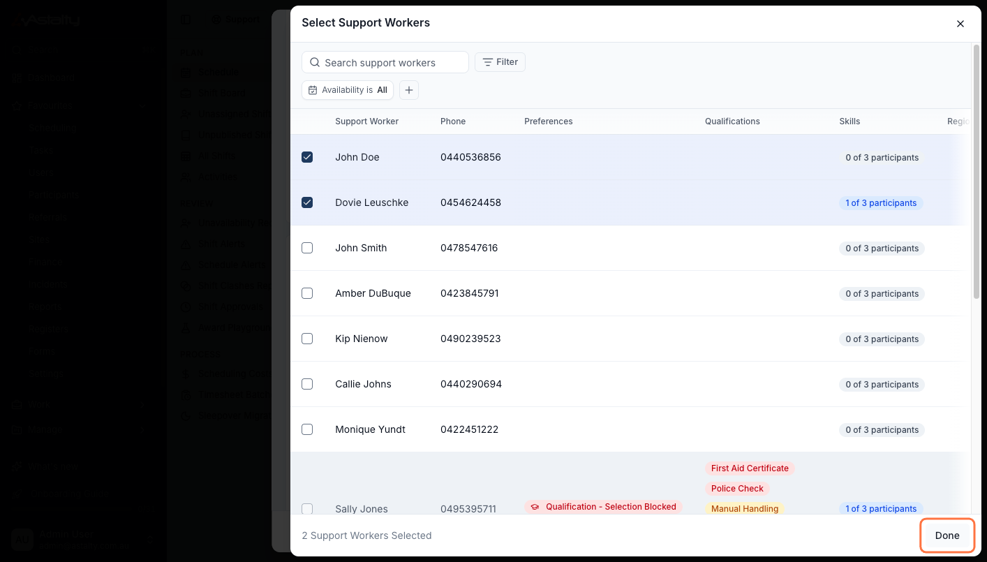 The Workers & Blocks section listing John Doe and Dovie Leuschke, each with no blocks yet so their shift bills nothing, and an Add block button under each.