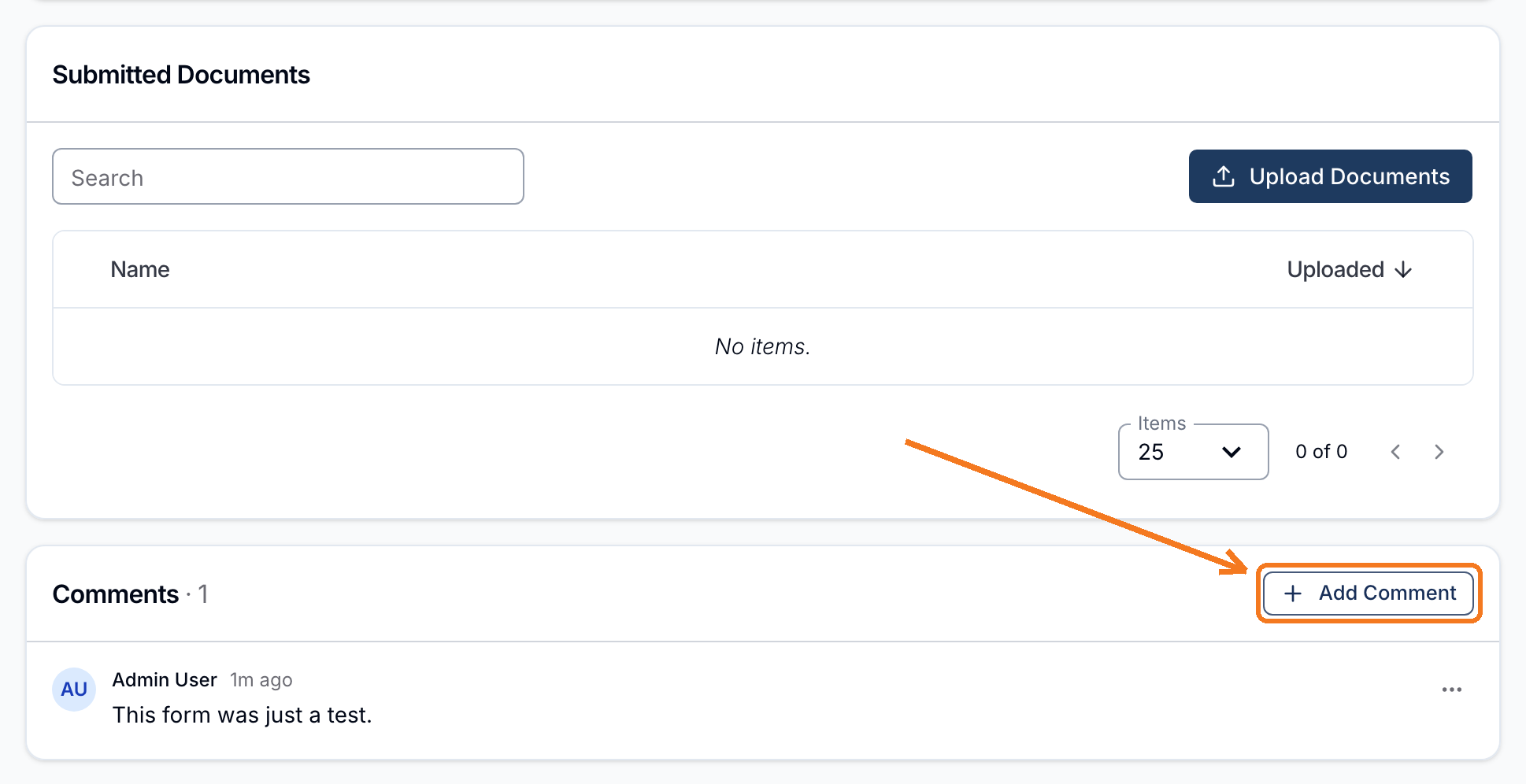 The Comments section on a form submission, with the Add Comment button highlighted and one existing comment shown below.