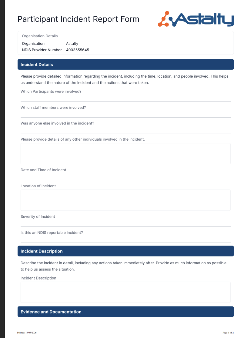 Page one of a downloaded blank Participant Incident Report Form PDF, showing the organisation details panel, section headers and empty answer lines and boxes