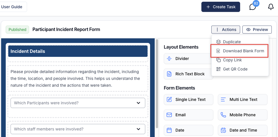 The Form Builder with the Actions menu open and Download Blank Form highlighted, alongside Duplicate, Copy Link and Get QR Code