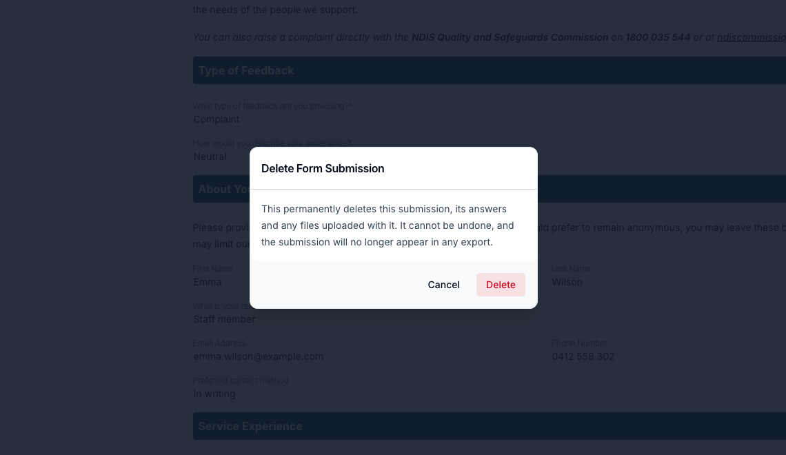 The Delete Form Submission confirmation dialog, warning that the submission, its answers and any uploaded files are permanently removed.