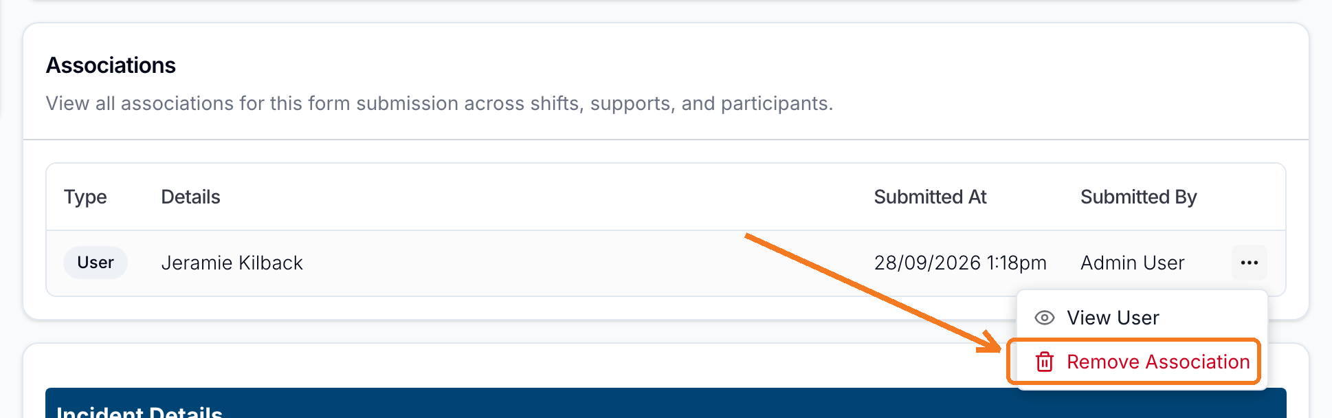The Associations panel's row action menu open on a user association, with Remove Association highlighted below View User.