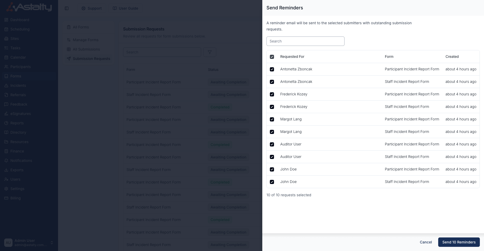 The Send Reminders panel listing outstanding submission requests with all ten selected and a Send 10 Reminders button