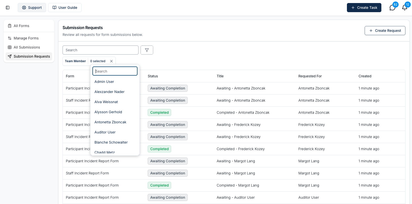 The Submission Requests page listing requests across the organisation, with the Team Member filter open