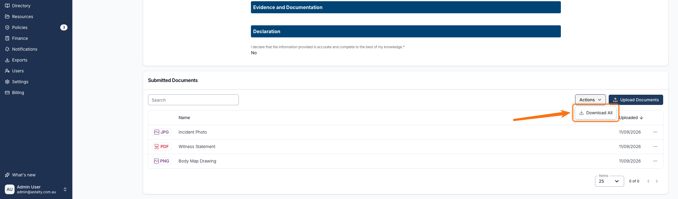 The Submitted Documents panel with the Actions menu open on Download All.