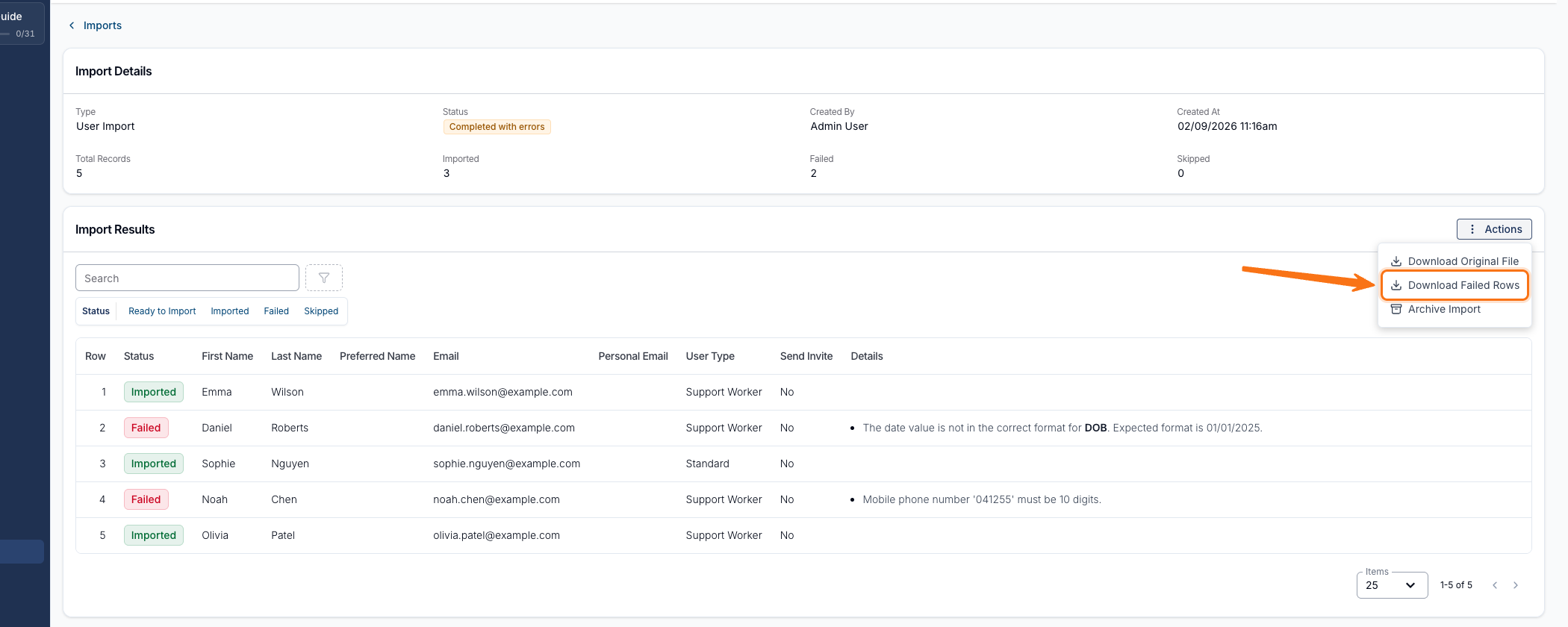 An import that finished with the status Completed with errors, with the Actions menu open showing the Download Failed Rows option