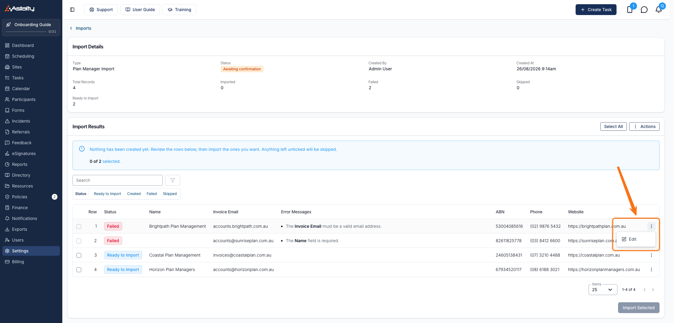 A Plan Manager Import awaiting confirmation, with the Import Results table showing two Failed rows and two Ready to Import rows, and the actions menu open on the first row showing the Edit option