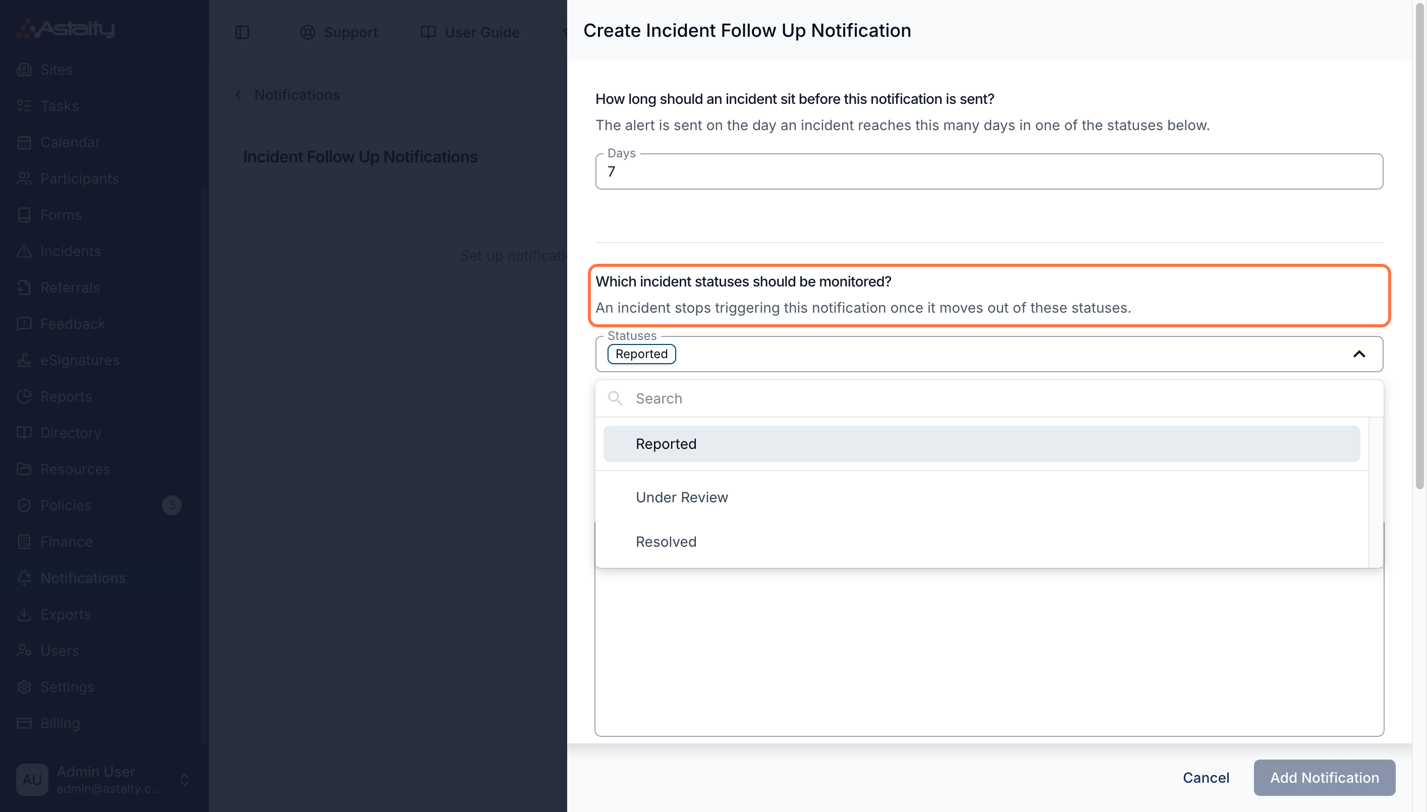 The Create Incident Follow Up Notification drawer with the "Which incident statuses should be monitored?" heading and its note highlighted, and the Statuses dropdown open beneath a field already holding a Reported chip. The dropdown shows a Search box above the three available options — Reported, Under Review and Resolved.