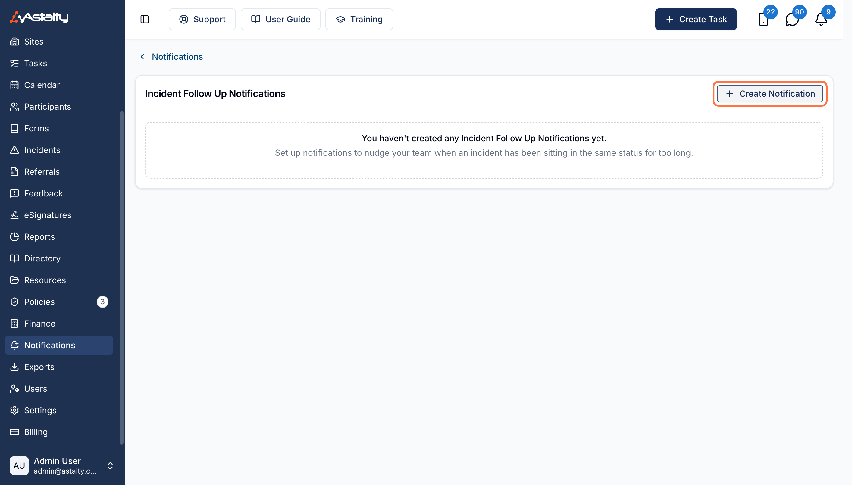 The Incident Follow Up Notifications page before any notifications exist, with the Create Notification button highlighted in the top right. The dashed empty state below reads "You haven't created any Incident Follow Up Notifications yet." above "Set up notifications to nudge your team when an incident has been sitting in the same status for too long."