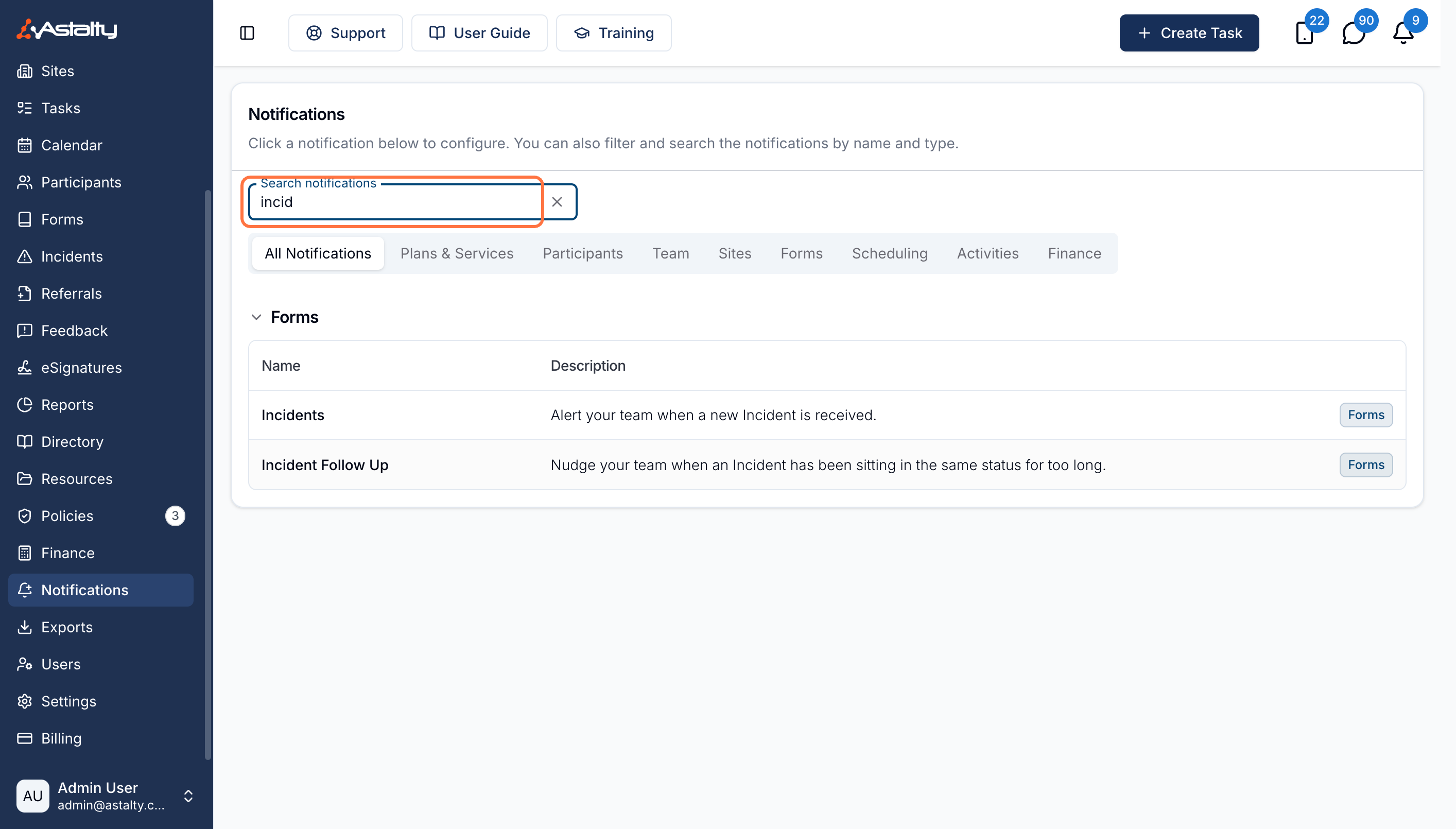 The Notifications page with the Search notifications box highlighted and "incid" typed into it, filtering the list down to the Forms group. Two rows remain: Incidents, described as "Alert your team when a new Incident is received.", and Incident Follow Up directly below it, described as "Nudge your team when an Incident has been sitting in the same status for too long." Both rows are tagged Forms on the right.