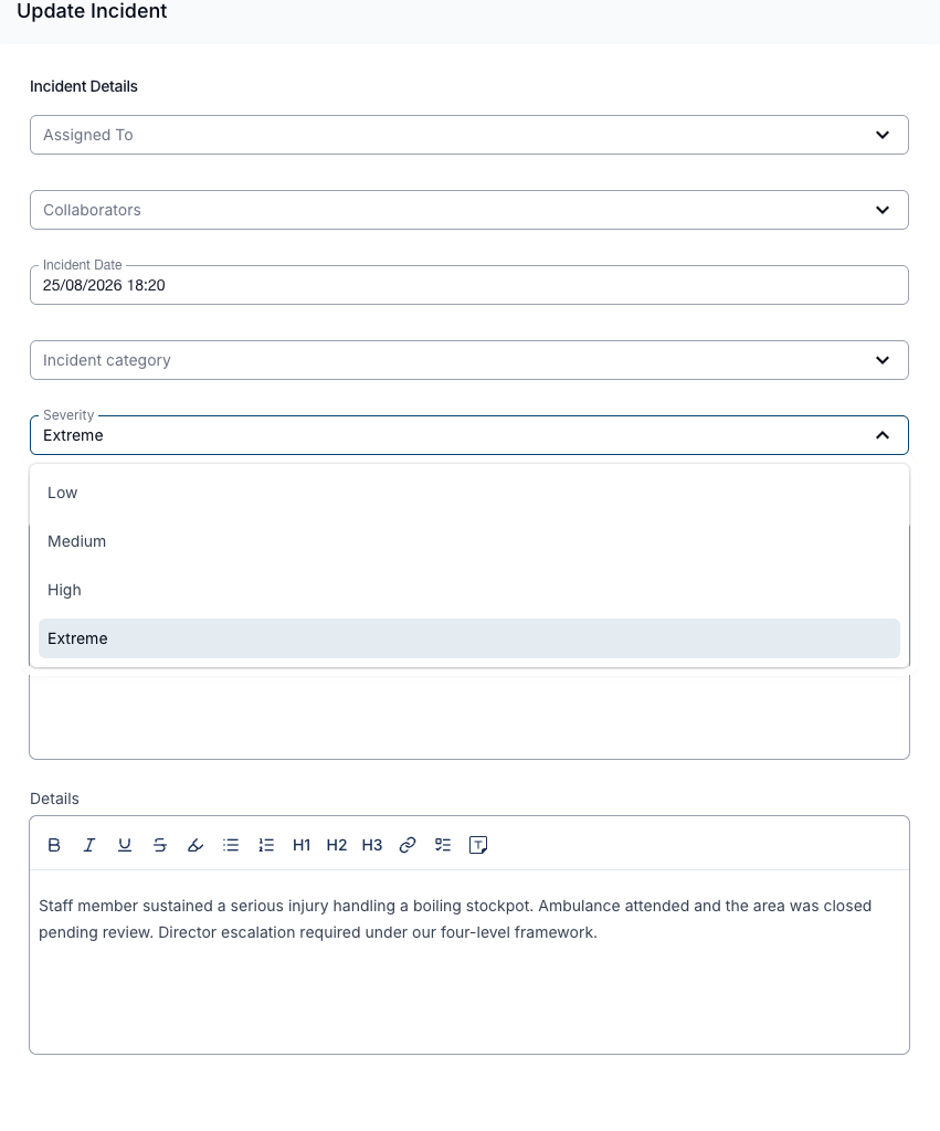 The Severity dropdown on an incident open on Extreme, listing Low, Medium, High and Extreme.