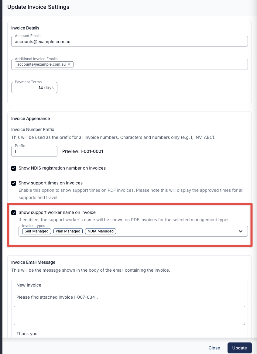 The Update Invoice Settings drawer, with Invoice Details at the top showing Account Emails accounts@example.com.au, an Additional Invoice Emails chip for the same address, and Payment Terms of 14 days. Below it the Invoice Appearance section has an Invoice Number Prefix of I previewing as I-001-0001, followed by ticked checkboxes for "Show NDIS registration number on Invoices" and "Show support times on Invoices". A red box highlights the next option, a ticked "Show support worker name on invoice" checkbox described as "If enabled, the support worker's name will be shown on PDF invoices for the selected management types", above an Invoice types multi-select holding the chips Self Managed, Plan Managed and NDIA Managed. The Invoice Email Message section sits underneath, with Close and Update buttons along the bottom.