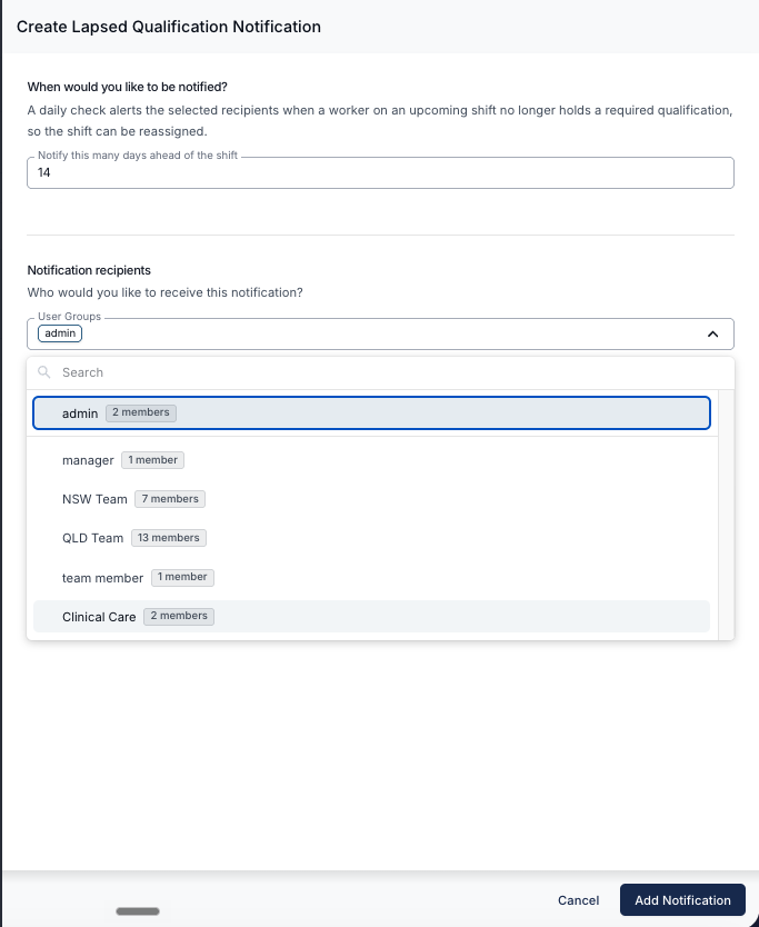 The Create Lapsed Qualification Notification drawer. "Notify this many days ahead of the shift" is set to 14, and the Notification recipients section has the User Groups dropdown open with admin selected and manager, NSW Team, QLD Team, team member and Clinical Care listed below.