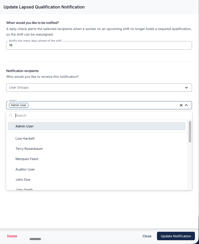 The Update Lapsed Qualification Notification drawer with the Users dropdown open, Admin User already selected, and a searchable list of individual users below it.