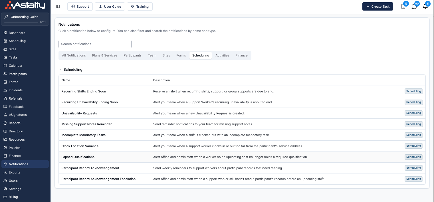 The Notifications page with the Scheduling tab selected and the Lapsed Qualifications row highlighted, described as "Alert office and admin staff when a worker on an upcoming shift no longer holds a required qualification."
