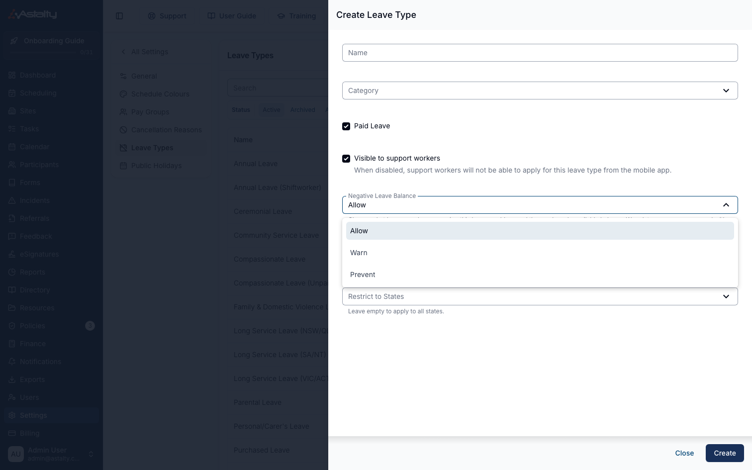 The Create Leave Type form with the Negative Leave Balance drop down open, showing the Allow, Warn and Prevent options