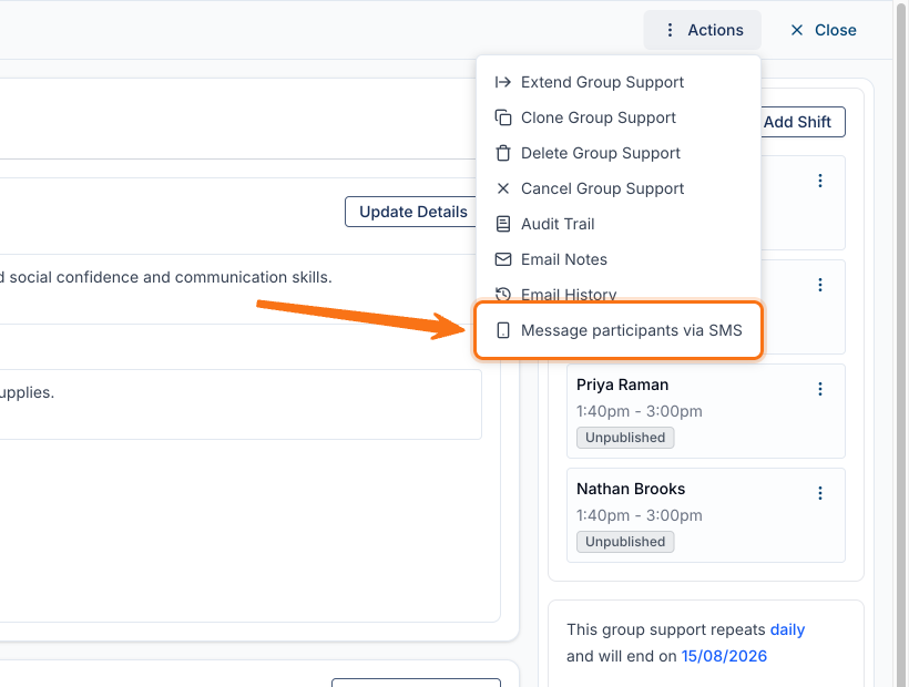 The group support Actions menu with Message participants via SMS highlighted at the bottom of the list.