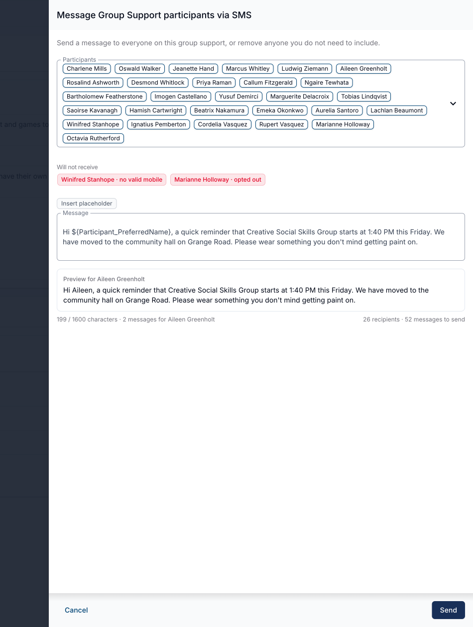 The Message Group Support participants via SMS drawer showing the pre-selected Participants field, a Will not receive list with no valid mobile and opted out reasons, the message with a placeholder, the rendered preview for the first recipient, and the character and message counters.