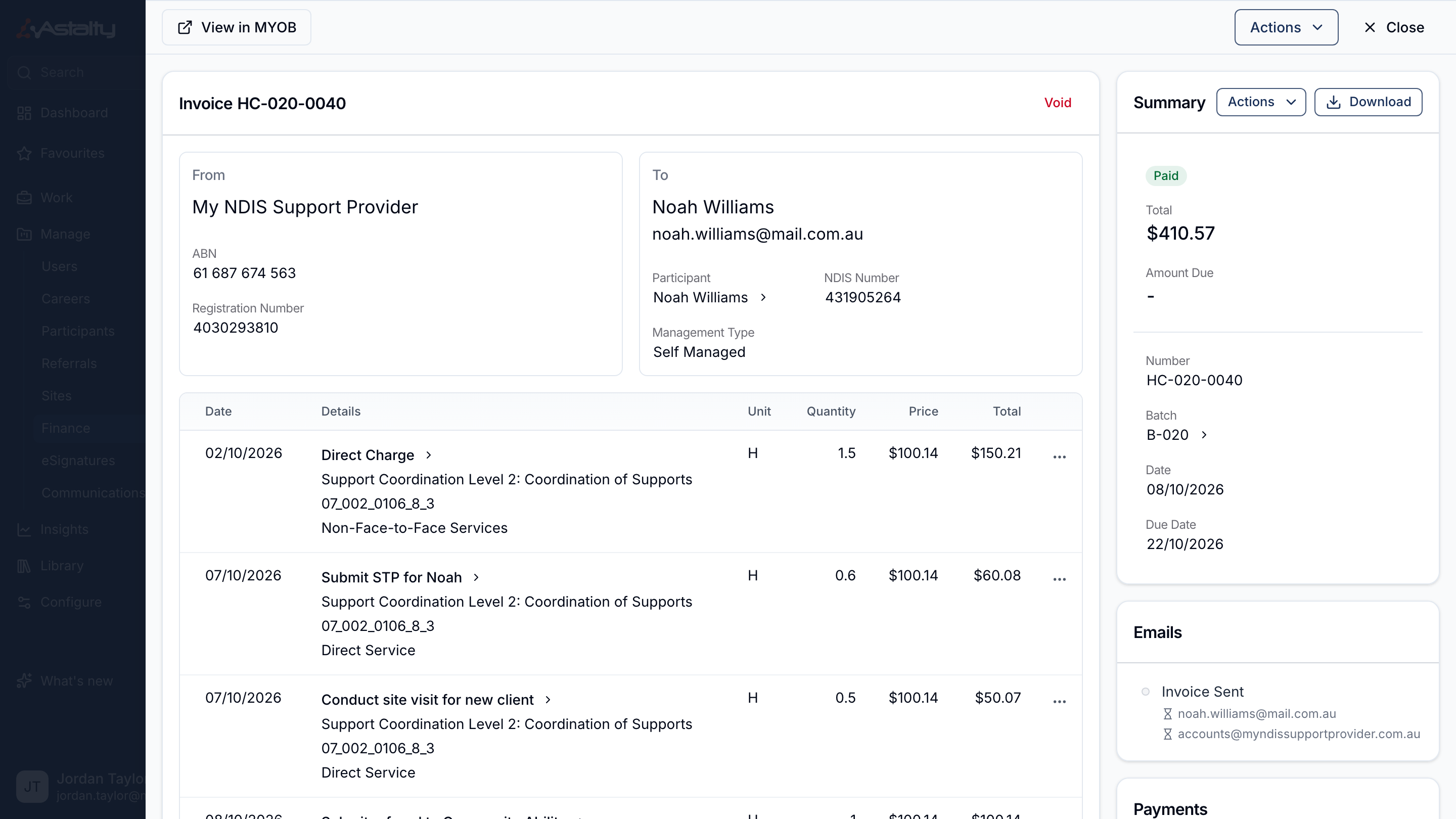 A synced invoice in Astalty with View in MYOB