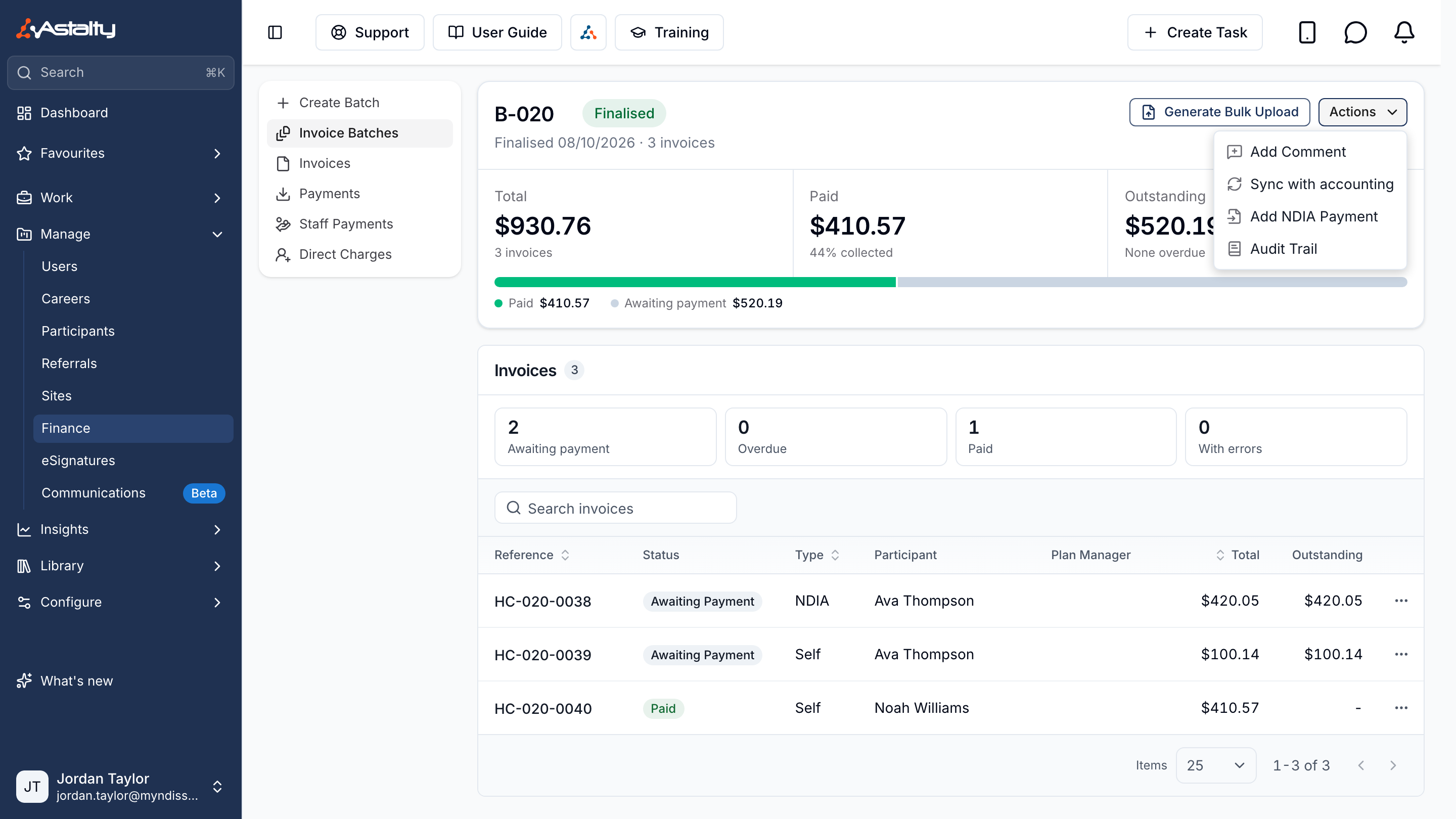 The Actions menu on a finalised Invoice Batch with Sync with accounting