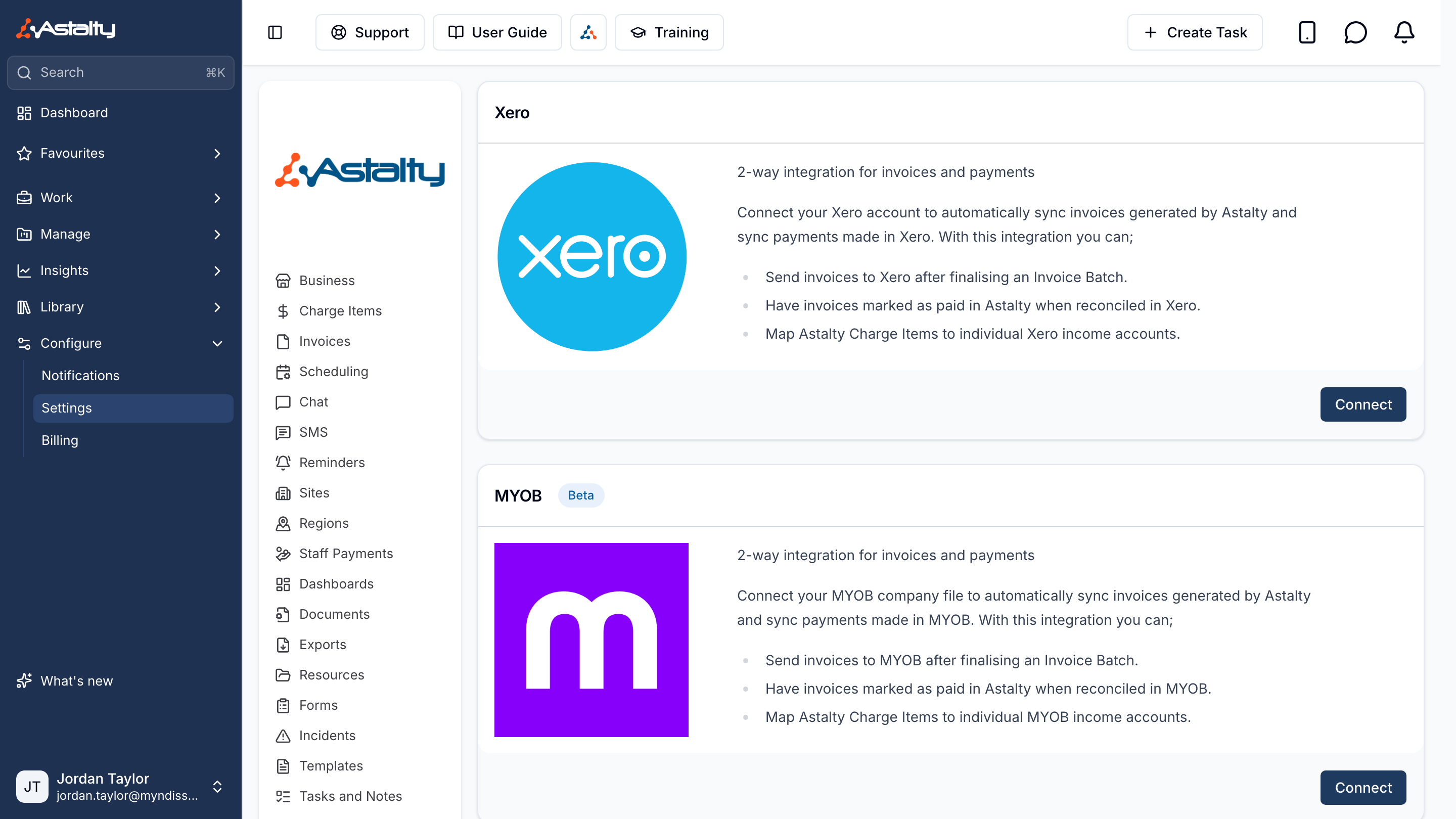The MYOB card on the Integrations settings page, with Connect