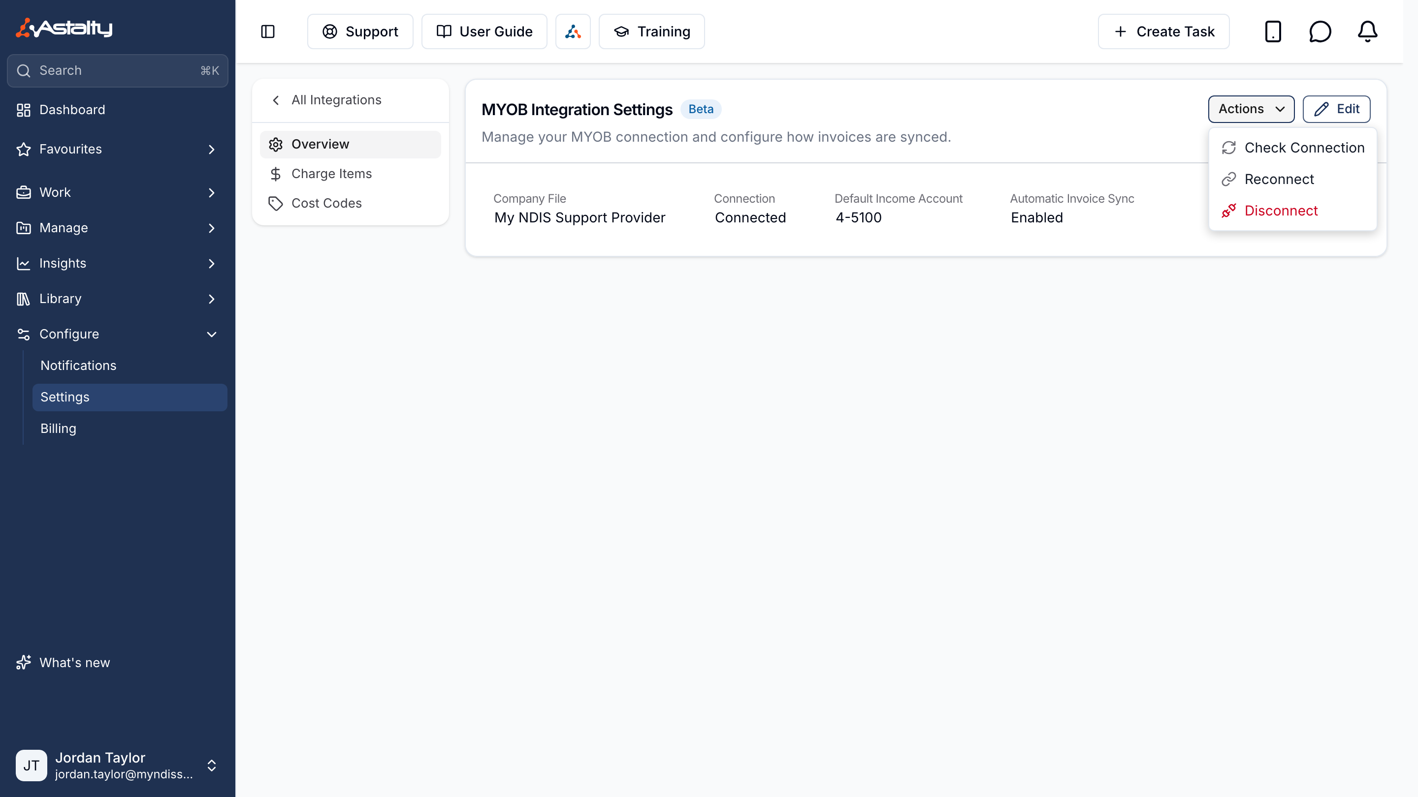 The Actions menu on MYOB Integration Settings with Check Connection, Reconnect and Disconnect