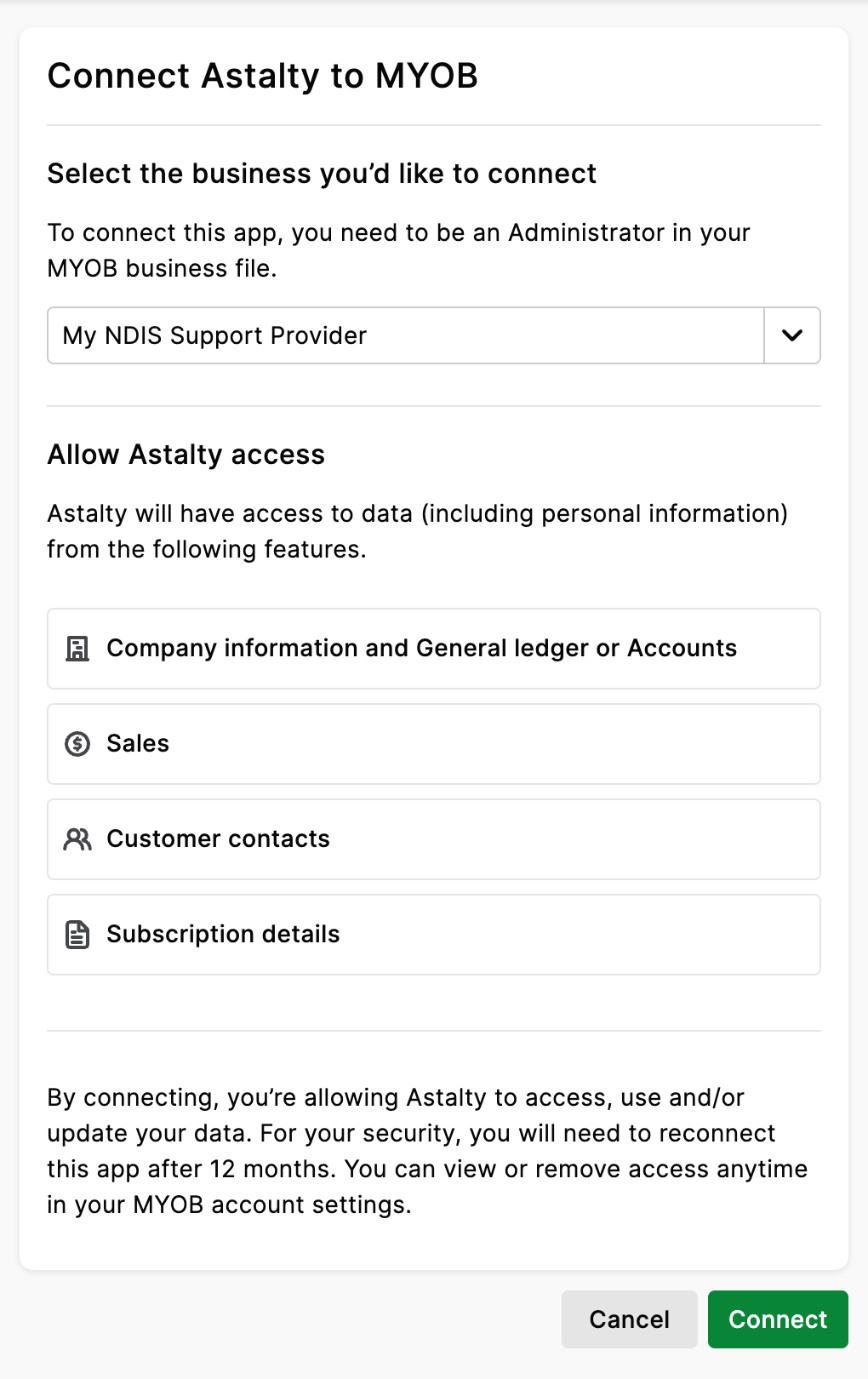 MYOB's connect screen with the company file chosen under Select the business you'd like to connect