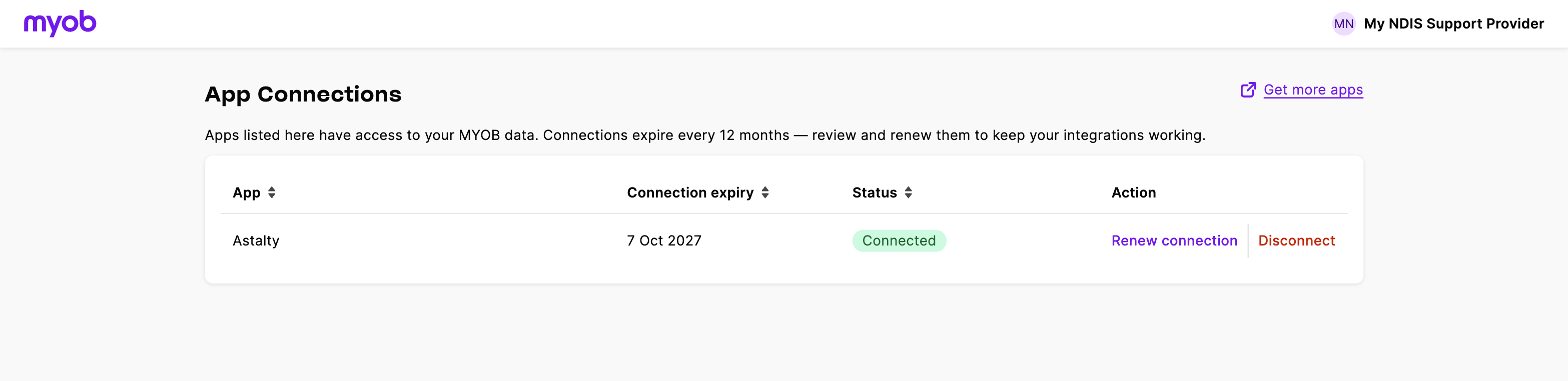 MYOB's App Connections page listing Astalty with Renew connection and Disconnect