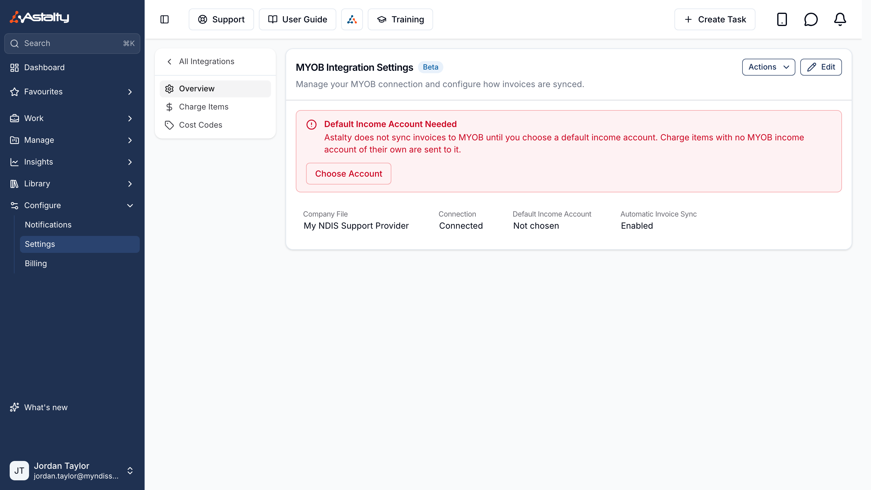 The Default Income Account Needed notice with a Choose Account button