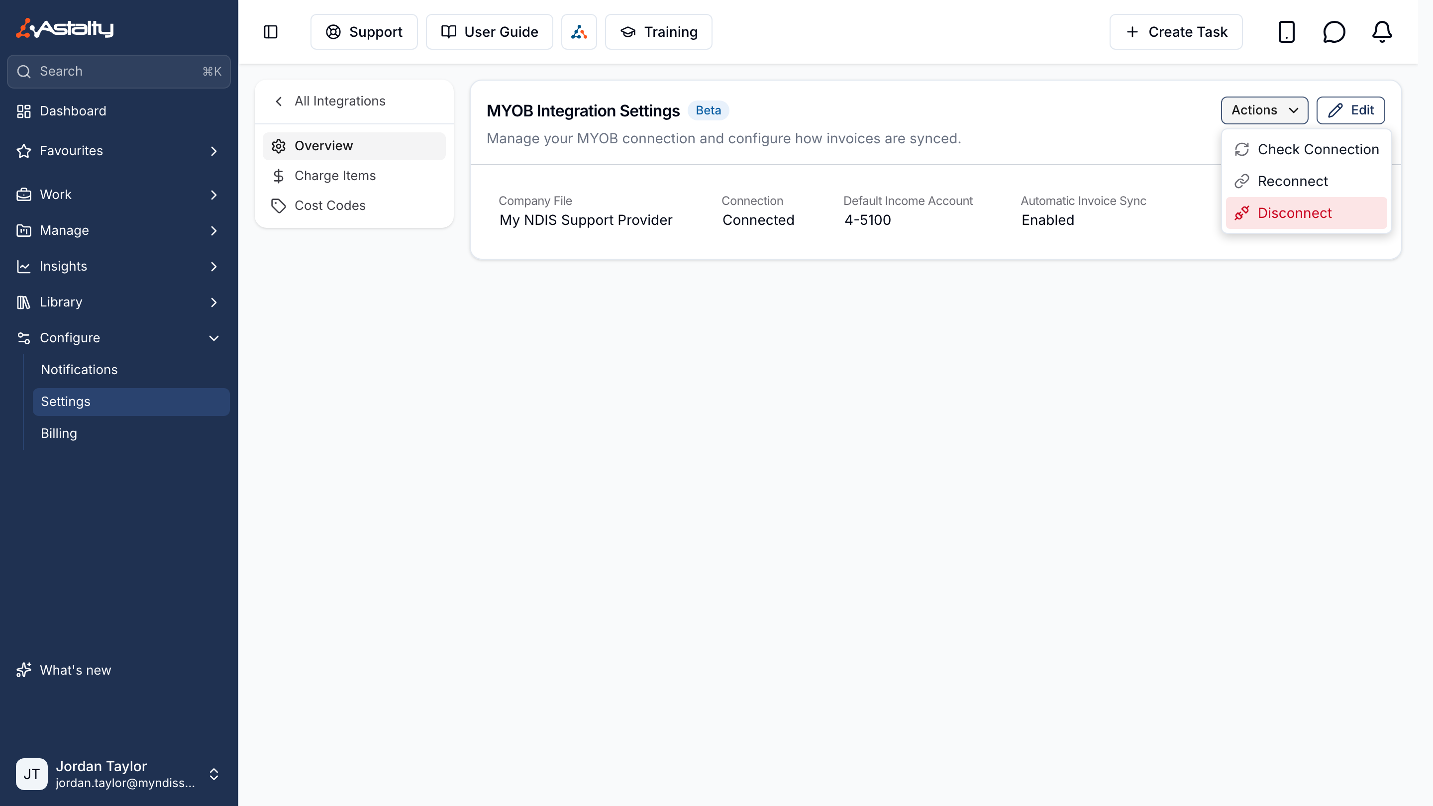 The Actions menu on the MYOB settings page with Disconnect highlighted