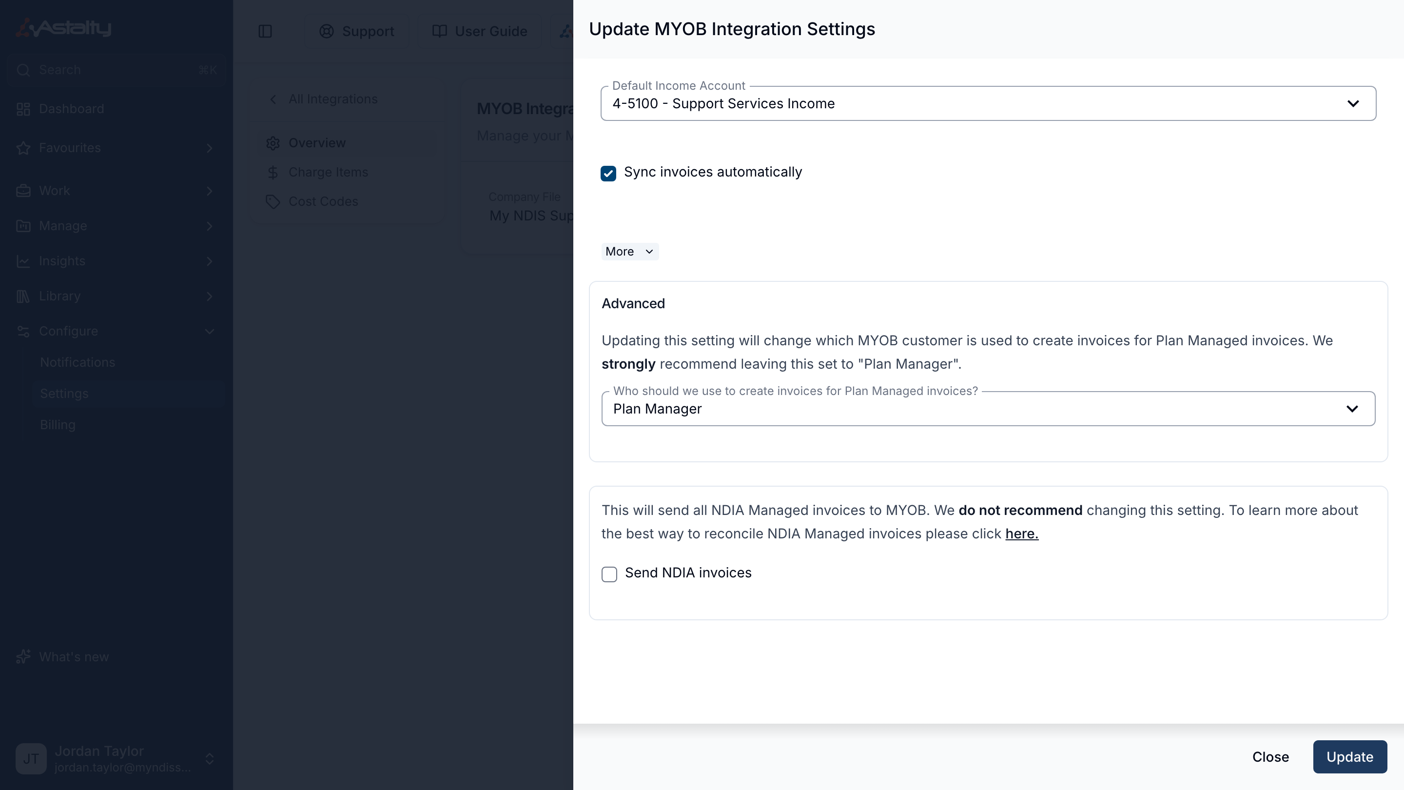The More section with the Plan Managed invoice contact and Send NDIA invoices