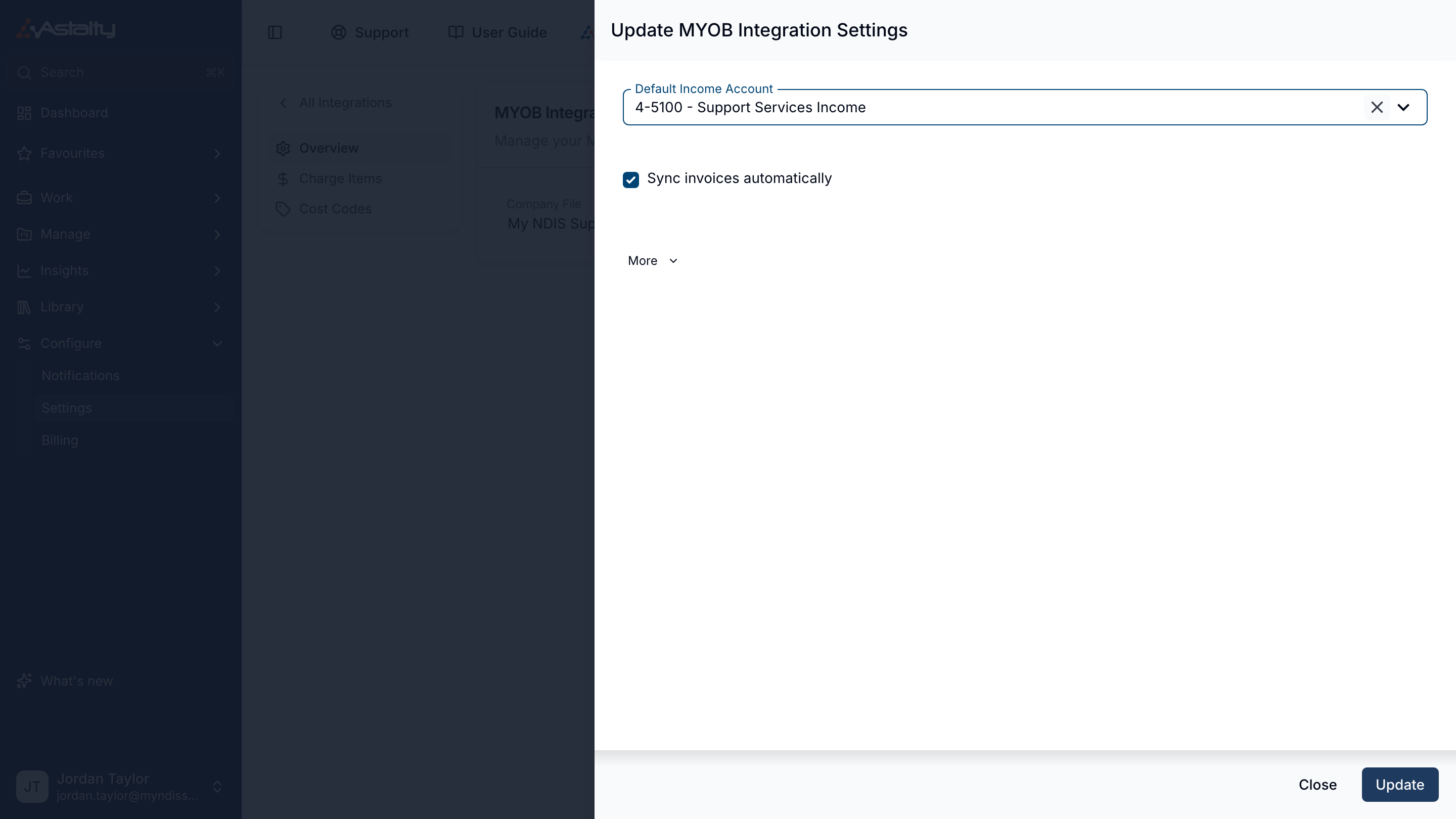 Update MYOB Integration Settings with a Default Income Account chosen and Sync invoices automatically ticked