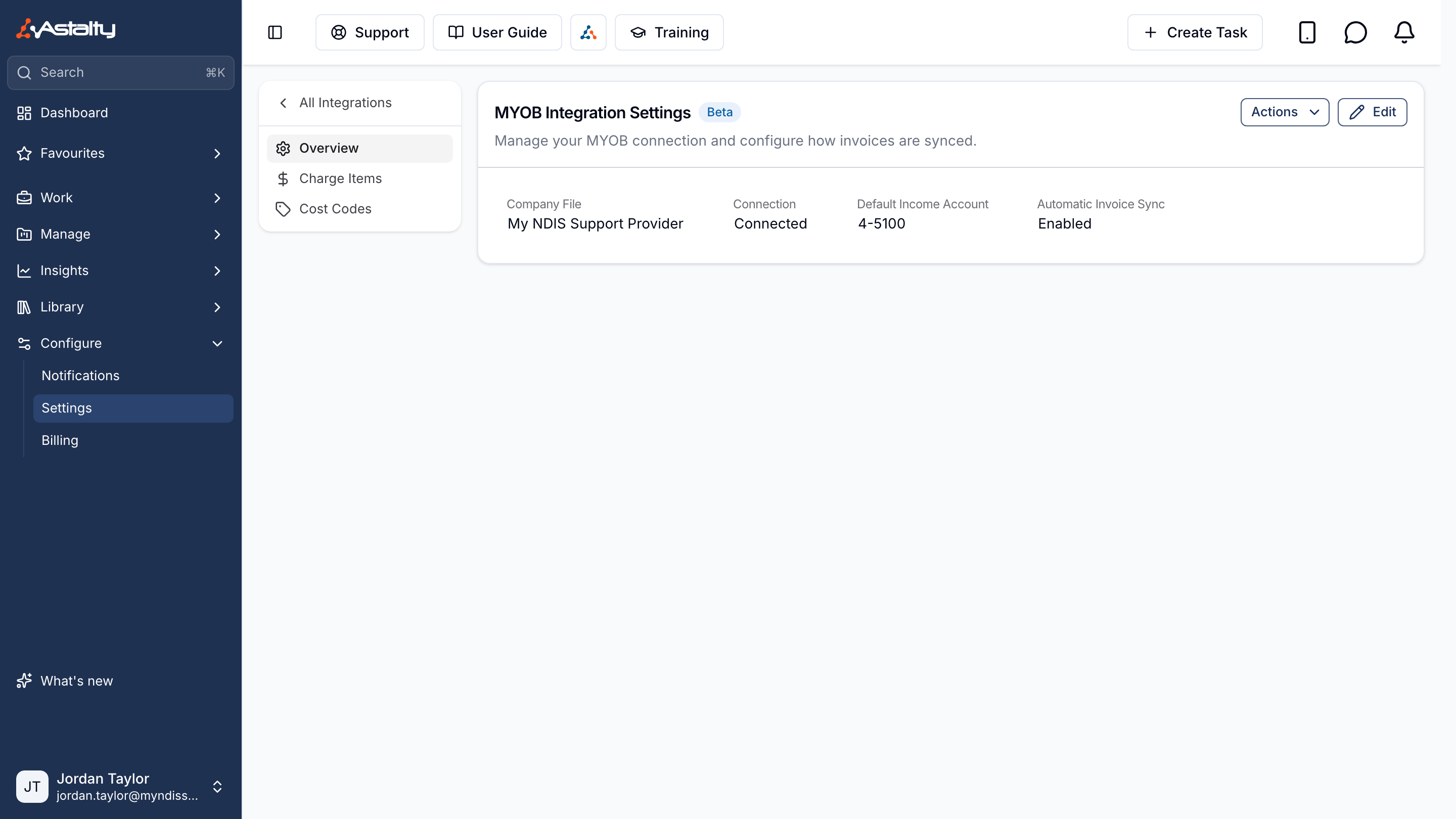 MYOB Integration Settings showing the company file, connection, default income account and automatic invoice sync