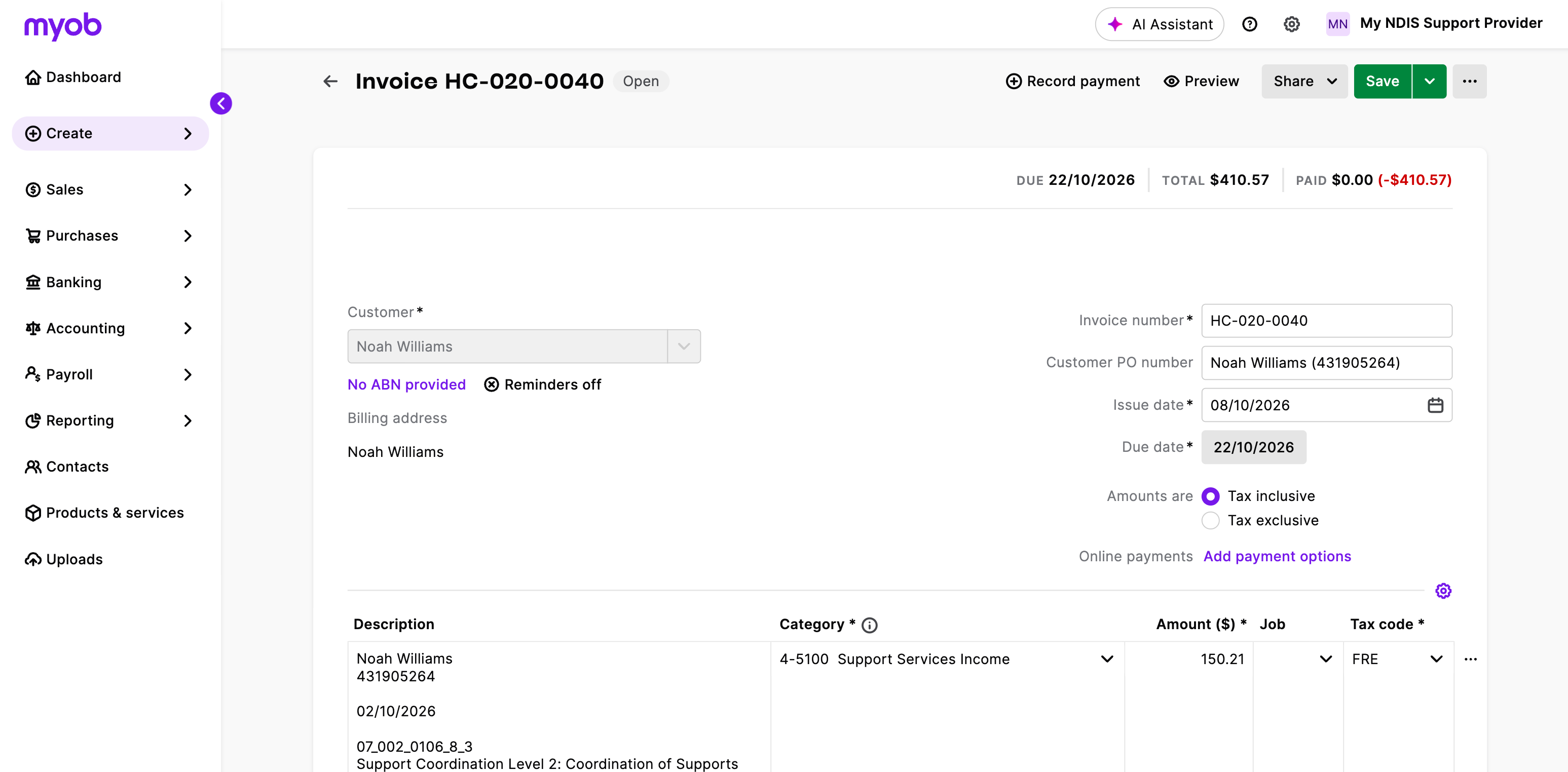 An Astalty invoice open in MYOB, with the participant, NDIS number and support item in the line description