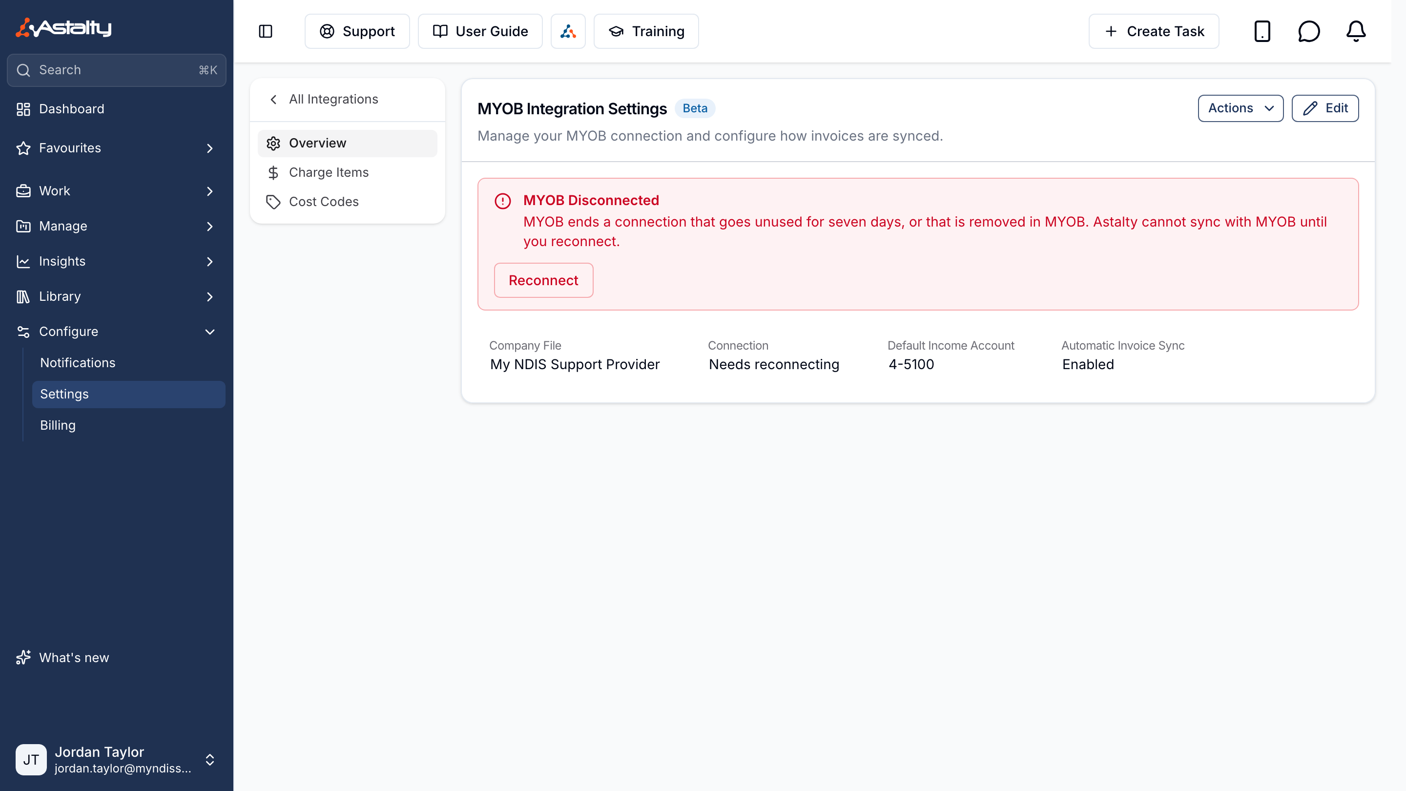 The MYOB settings page showing MYOB Disconnected with a Reconnect button