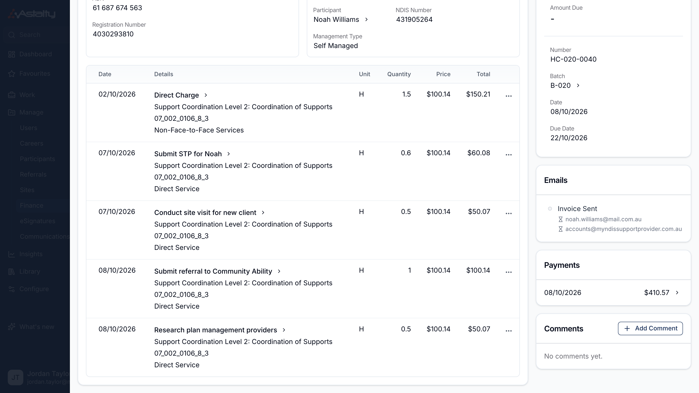 A paid invoice in Astalty showing the payment that came back from MYOB