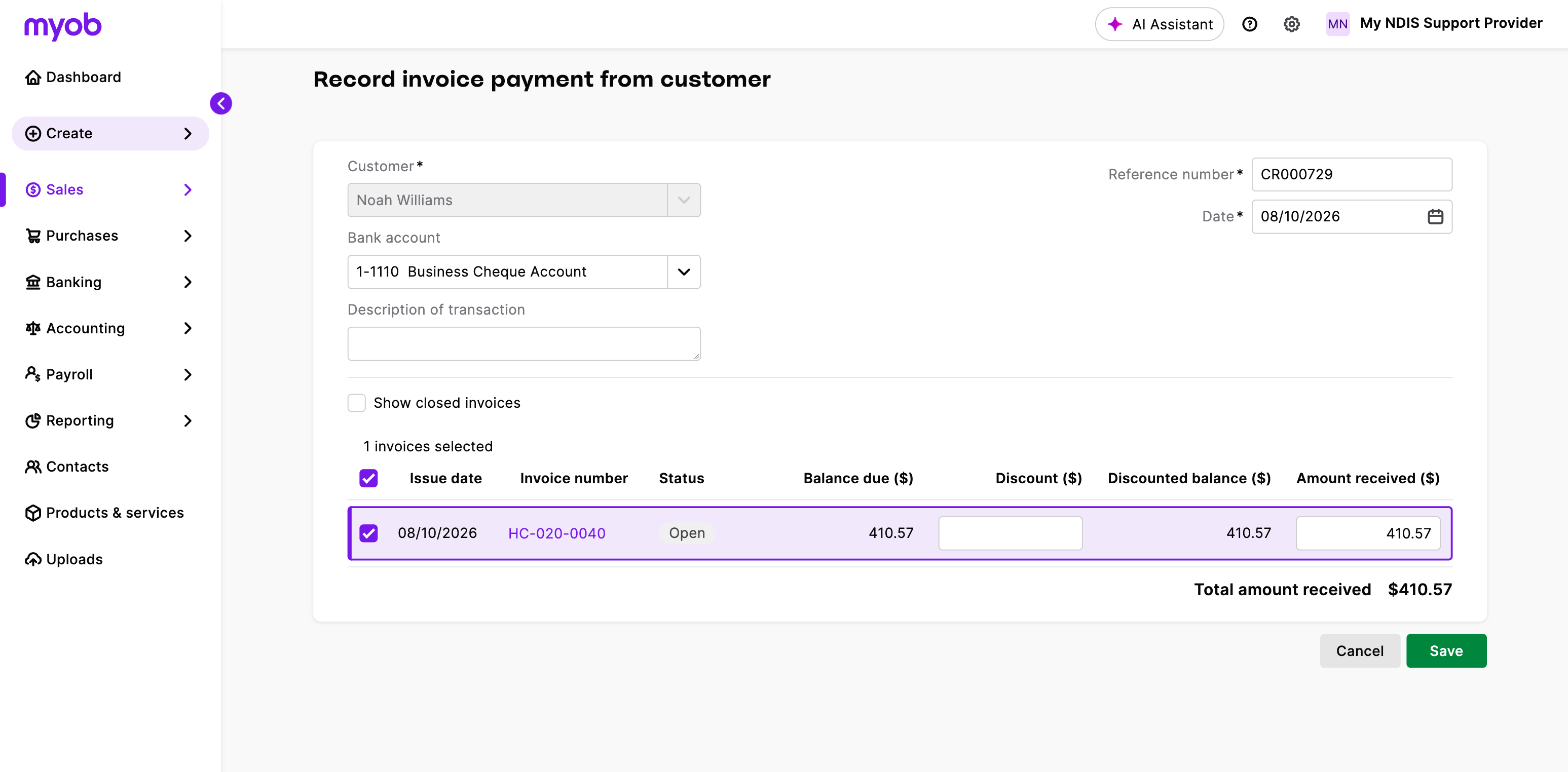 Recording a customer payment against an Astalty invoice in MYOB