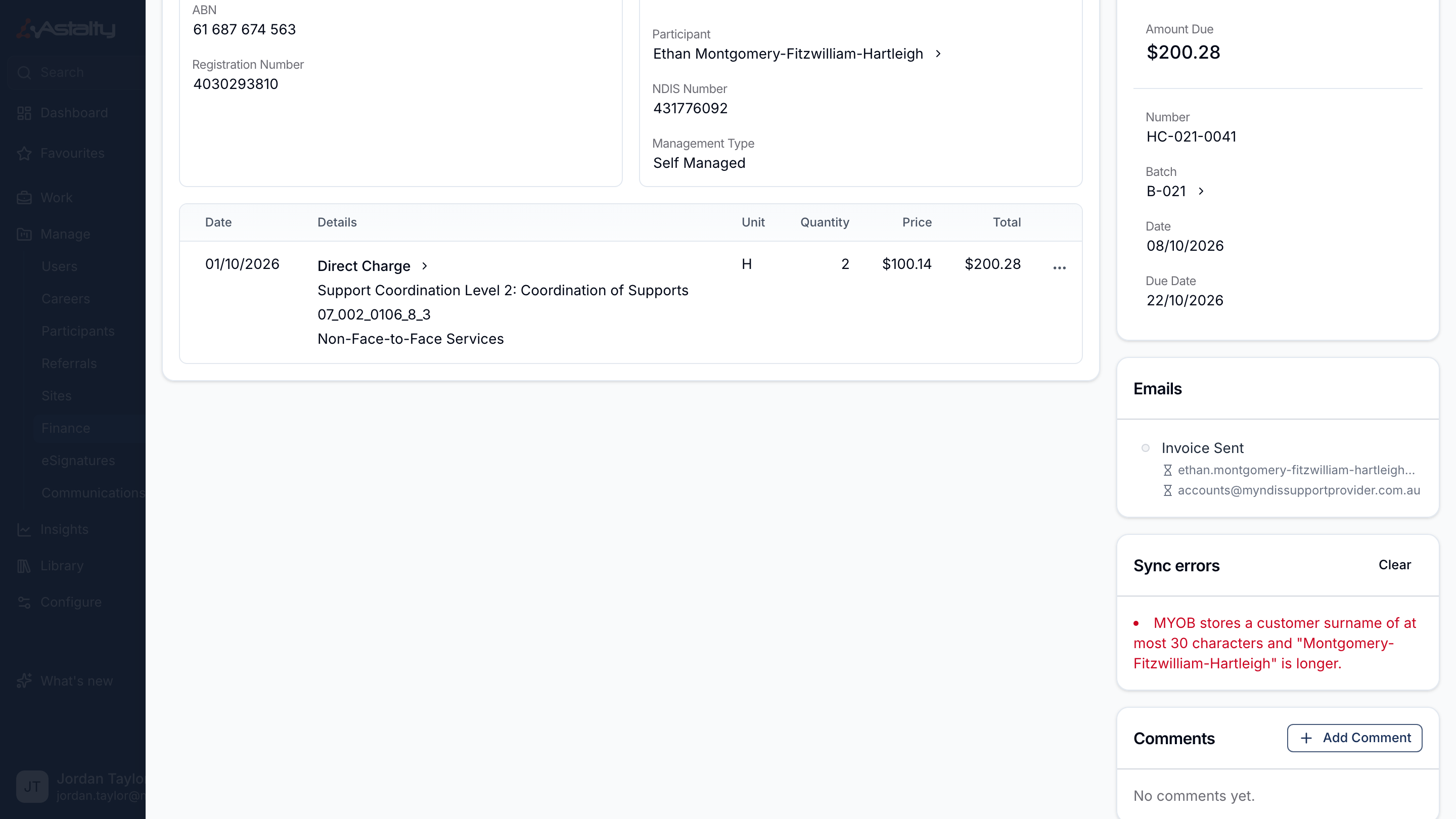 An invoice in Astalty with a Sync errors card explaining why MYOB could not take it