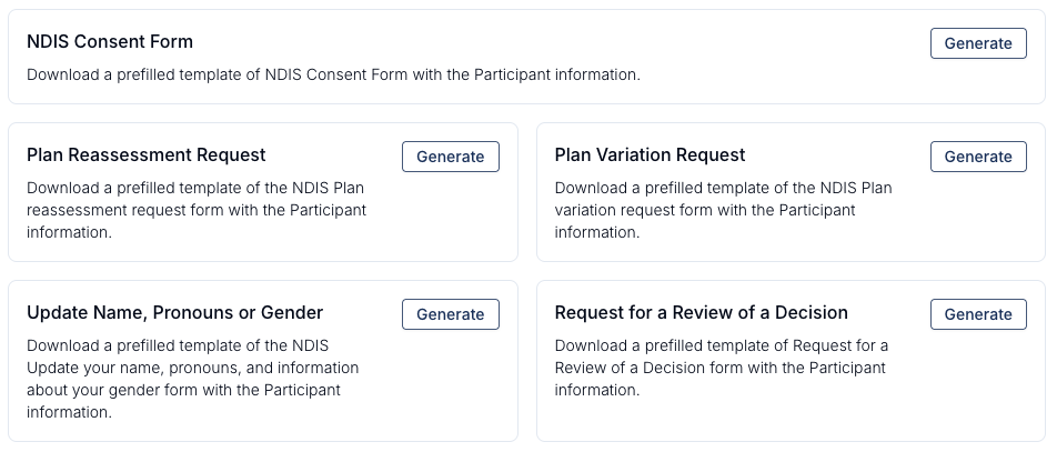 The NDIA Templates tiles for Plan Reassessment Request, Plan Variation Request and Update Name, Pronouns or Gender.
