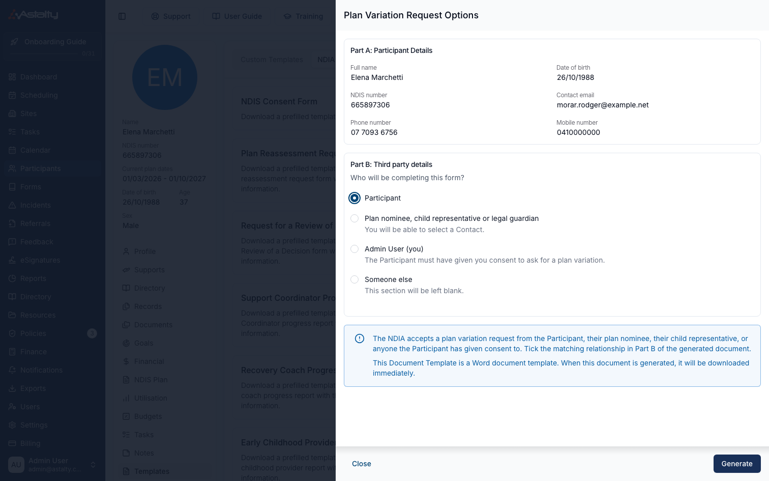 The Plan Variation Request Options drawer, showing read-only Part A details and the Part B options